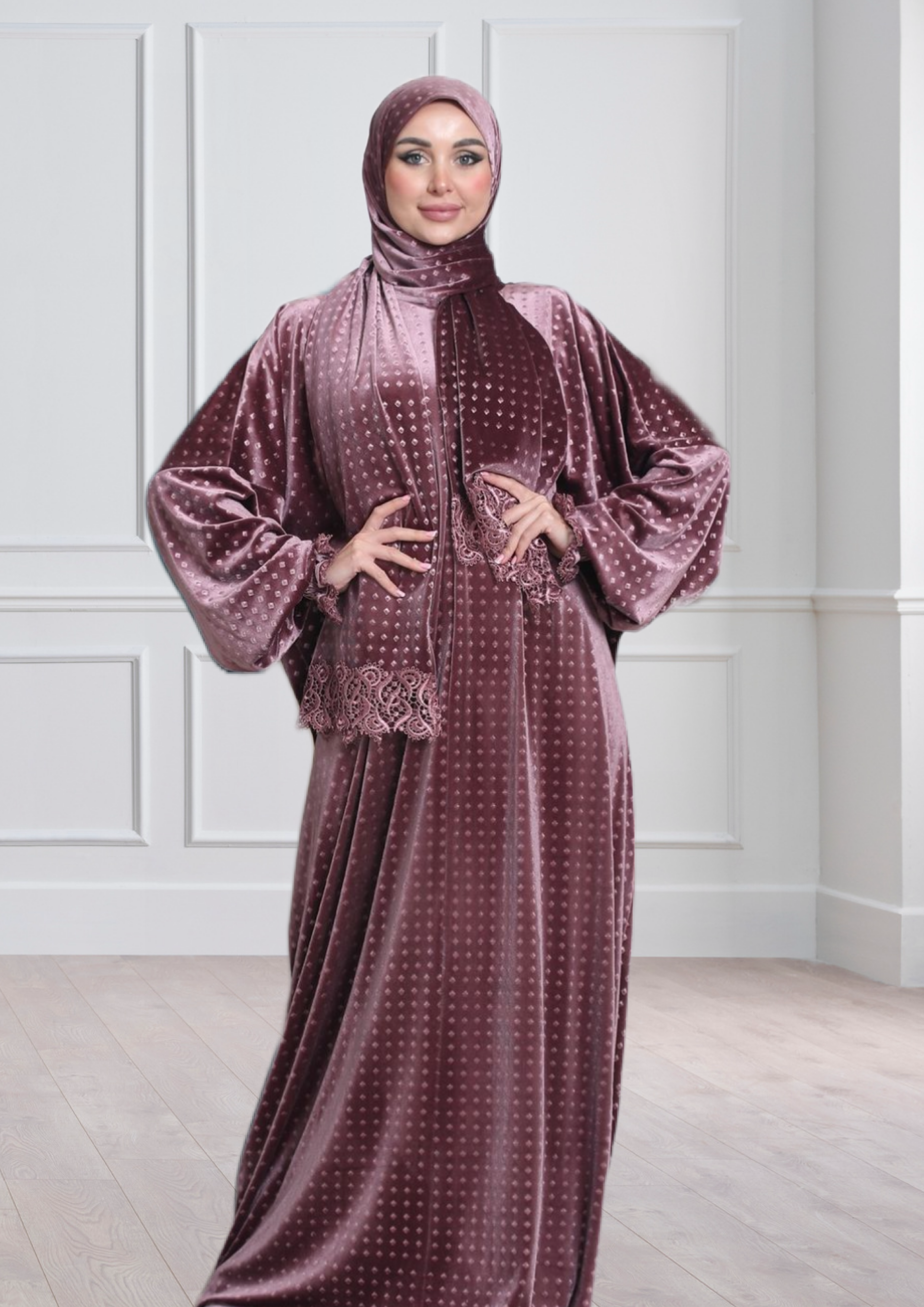 One-Piece Prayer Dress & Abaya with attached Hijab - Dotted Velvet