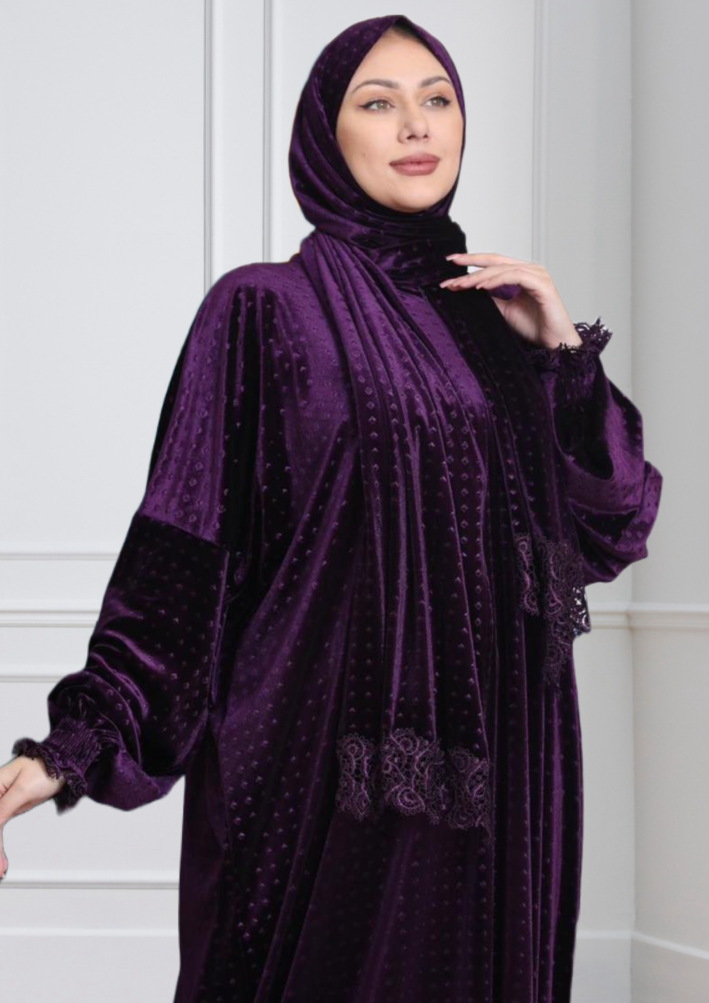 One-Piece Prayer Dress & Abaya with attached Hijab - Dotted Velvet