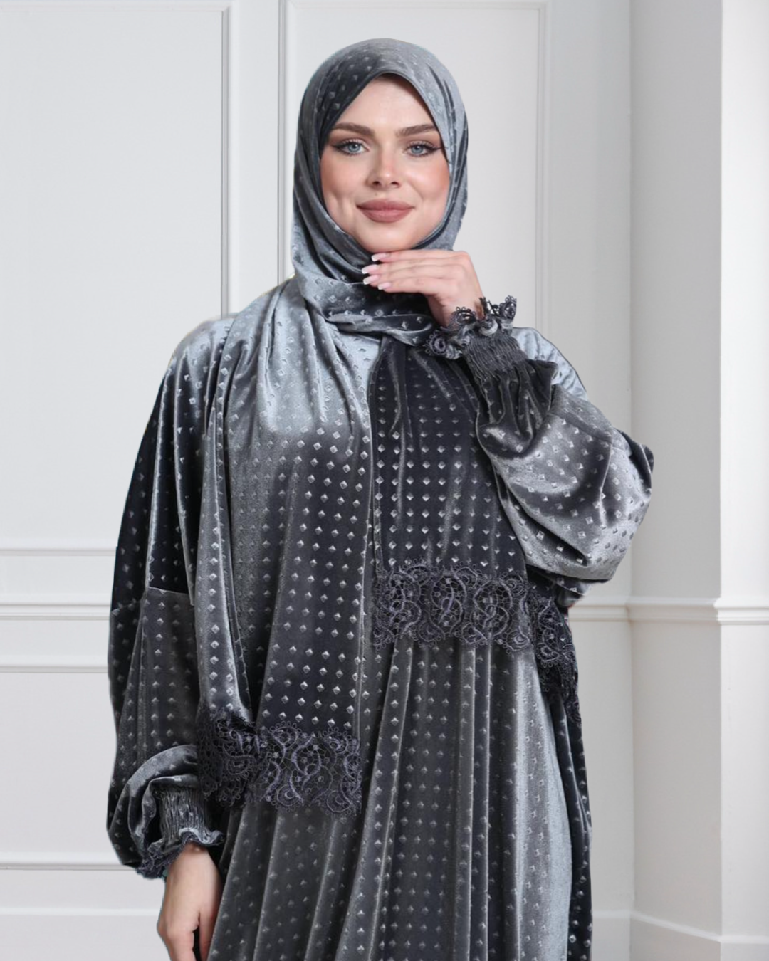 One-Piece Prayer Dress & Abaya with attached Hijab - Dotted Velvet