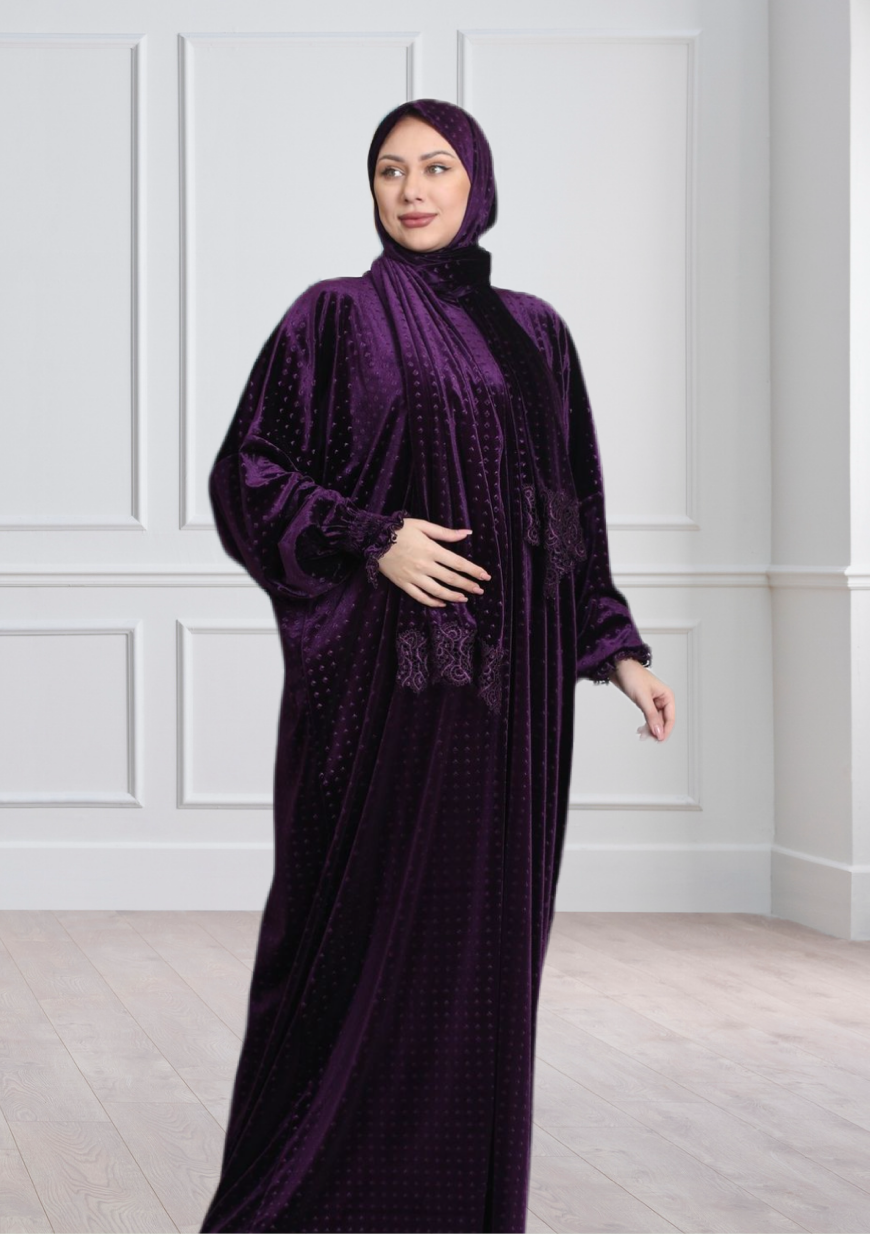 One-Piece Prayer Dress & Abaya with attached Hijab - Dotted Velvet