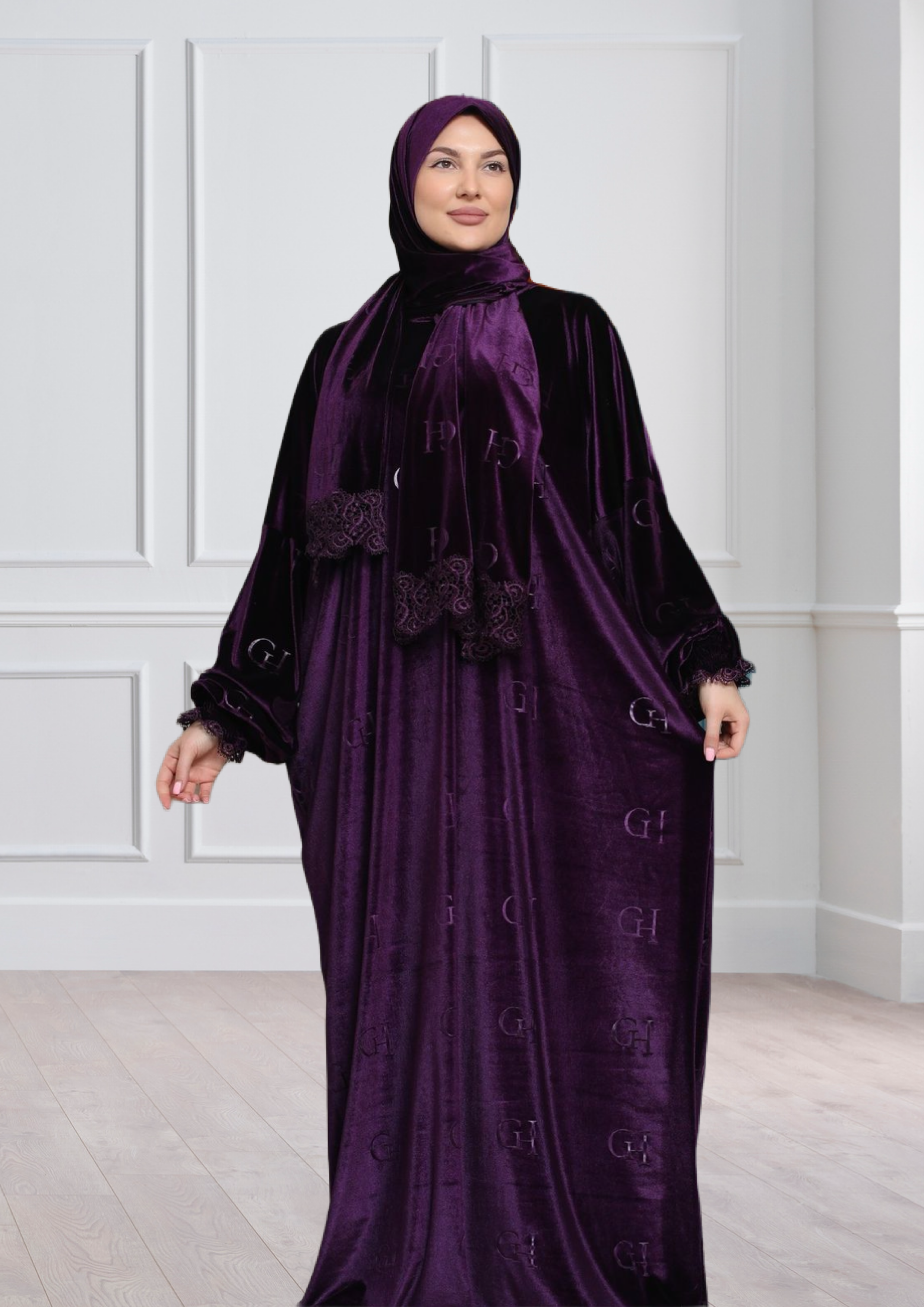 One-Piece Prayer Dress & Abaya with attached Hijab - Velvet with GH Print