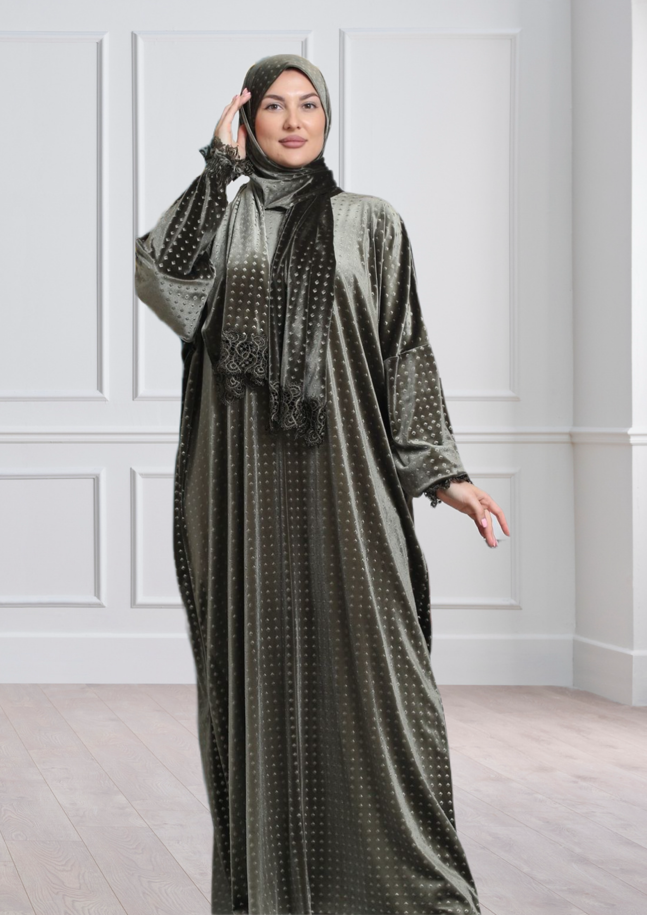 One-Piece Prayer Dress & Abaya with attached Hijab - Dotted Velvet