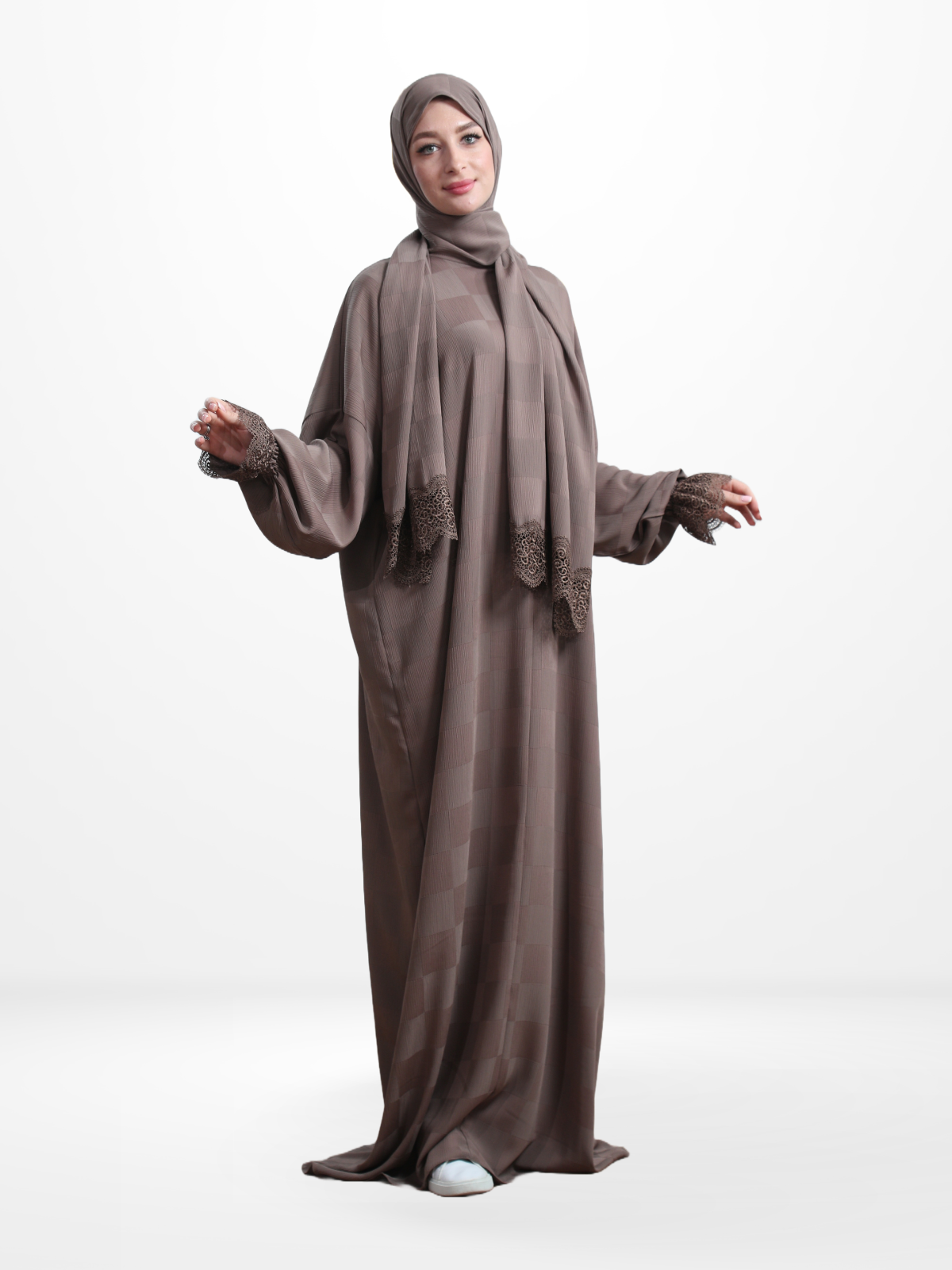 One-Piece Prayer Dress & Abaya with attached Hijab - Plaid Patterned Crepe