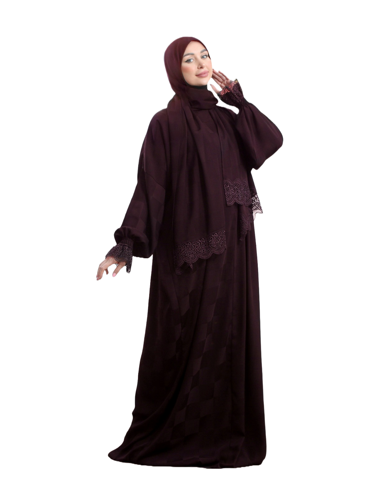 One-Piece Prayer Dress & Abaya with attached Hijab - Plaid Patterned Crepe