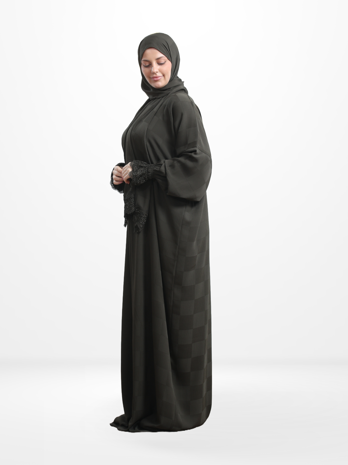 One-Piece Prayer Dress & Abaya with attached Hijab - Plaid Patterned Crepe