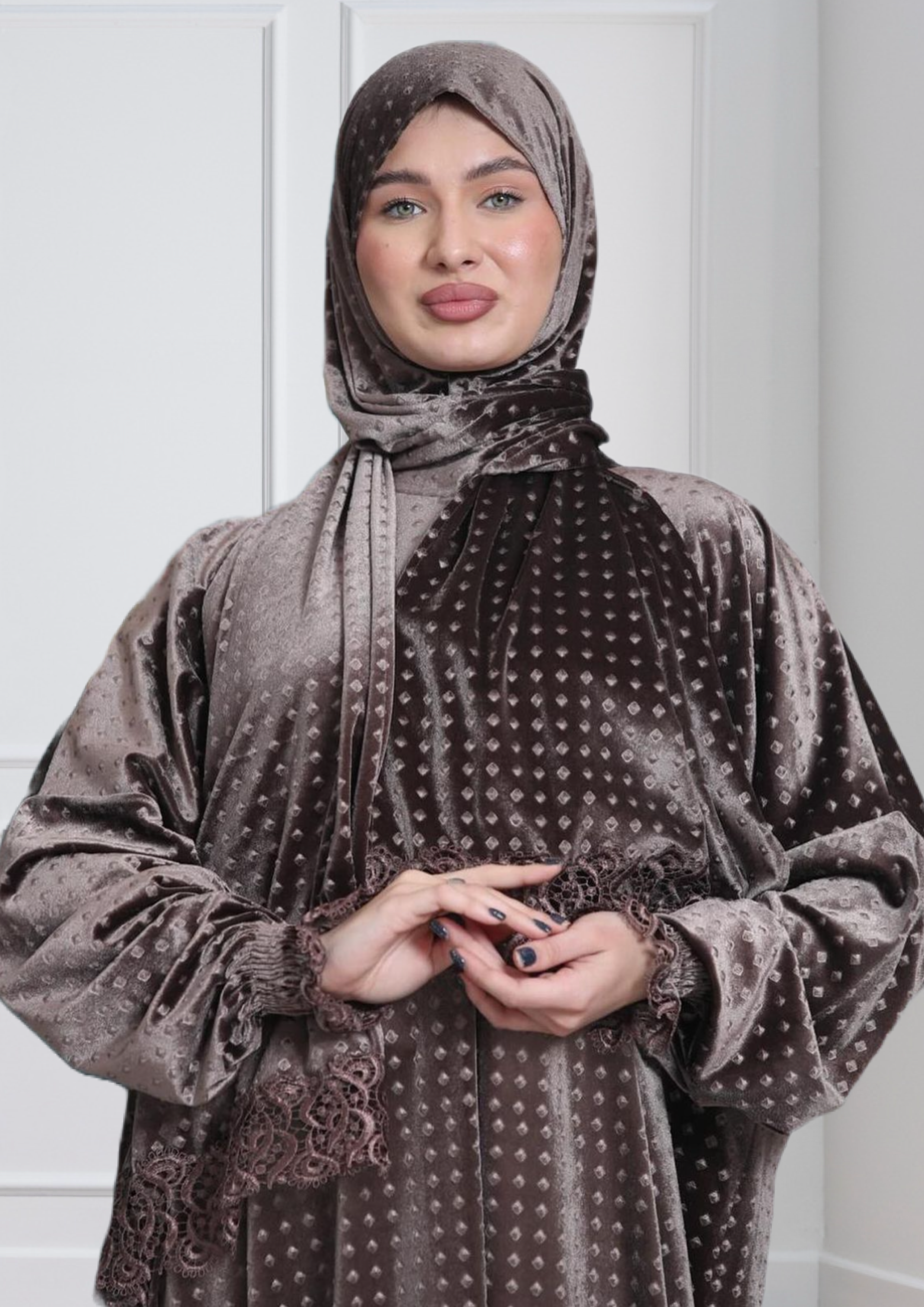 One-Piece Prayer Dress & Abaya with attached Hijab - Dotted Velvet