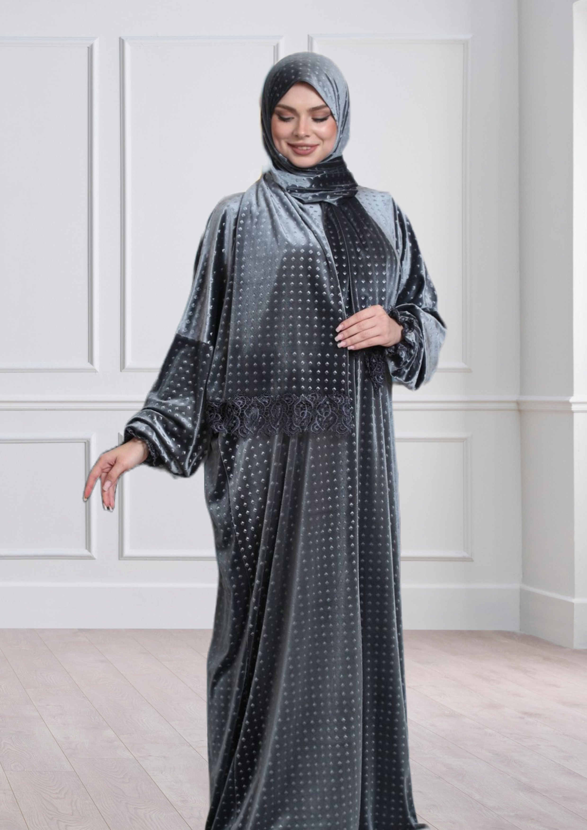 One-Piece Prayer Dress & Abaya with attached Hijab - Dotted Velvet