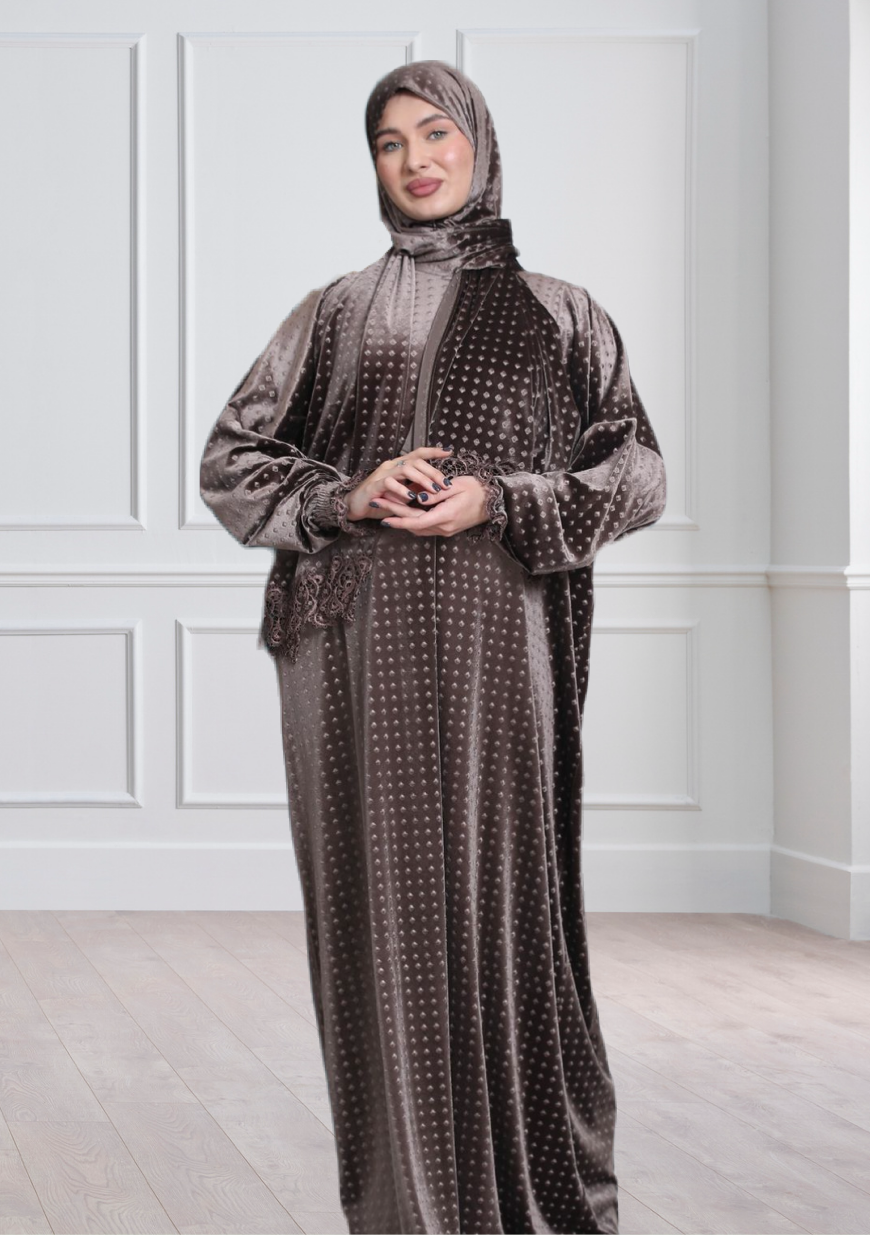 One-Piece Prayer Dress & Abaya with attached Hijab - Dotted Velvet