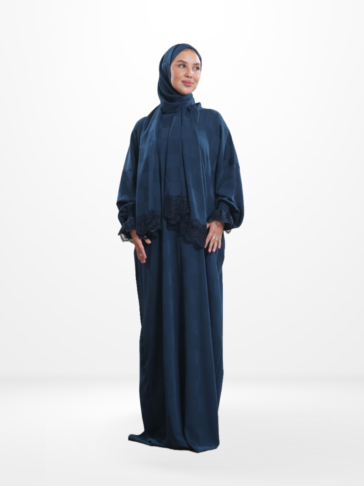 One-Piece Prayer Set Dress & Abaya with attached Hijab - Plaid Patterned Crepe