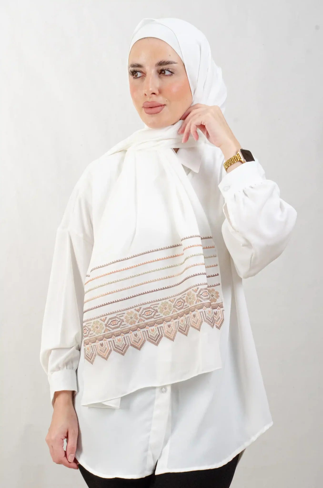Tatreez Embroidered Hijab | Beehive - Brown