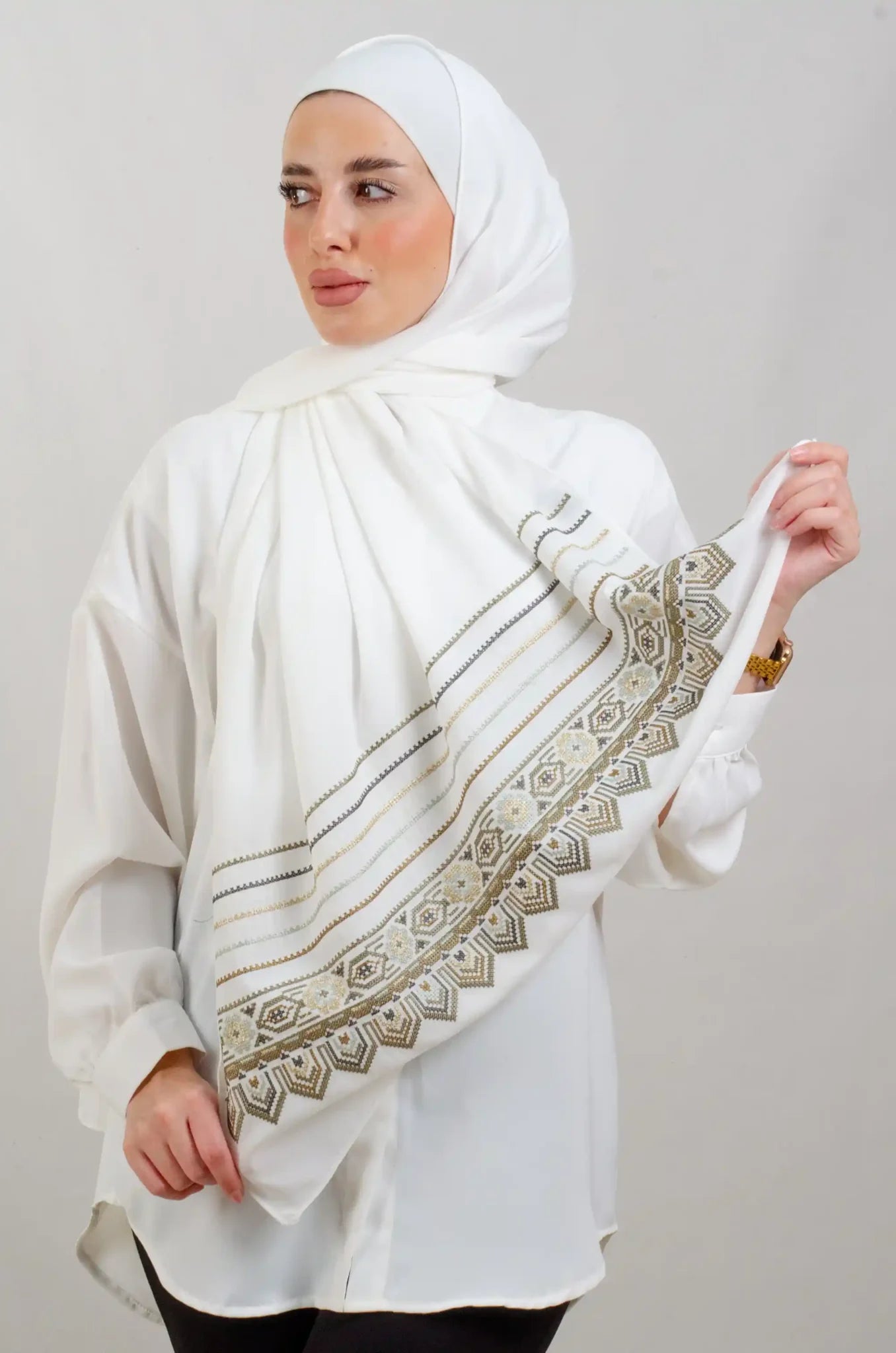 Tatreez Embroidered Hijab | Beehive - Olive