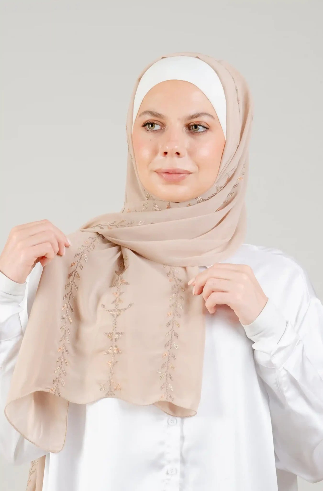 Tatreez Embroidered Hijab | Cypress Vine - Dark beige