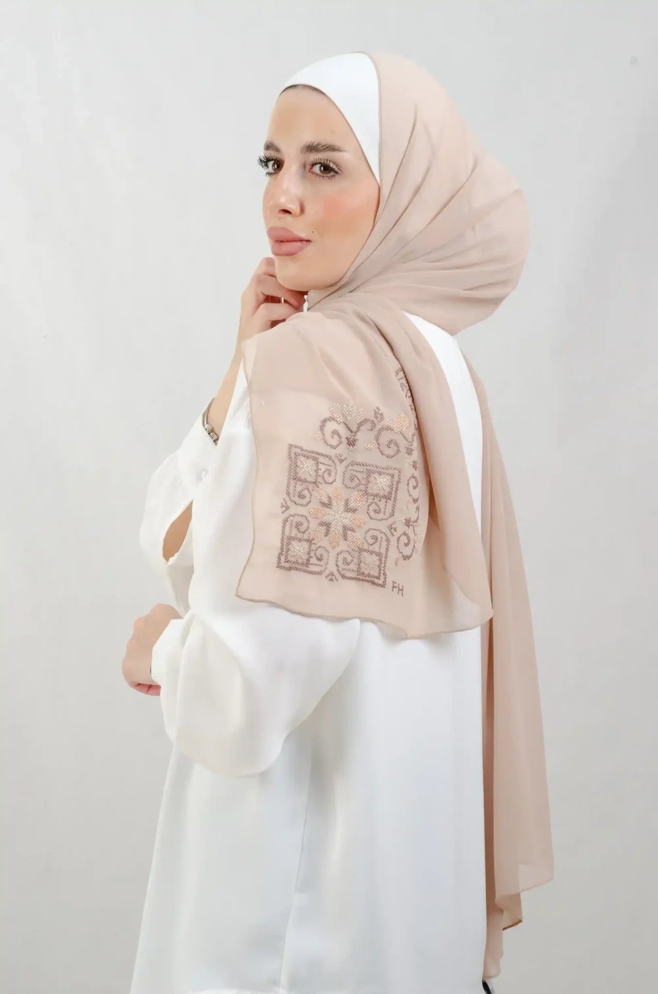 Tatreez Embroidered Hijab | Hebron - Dark Beige