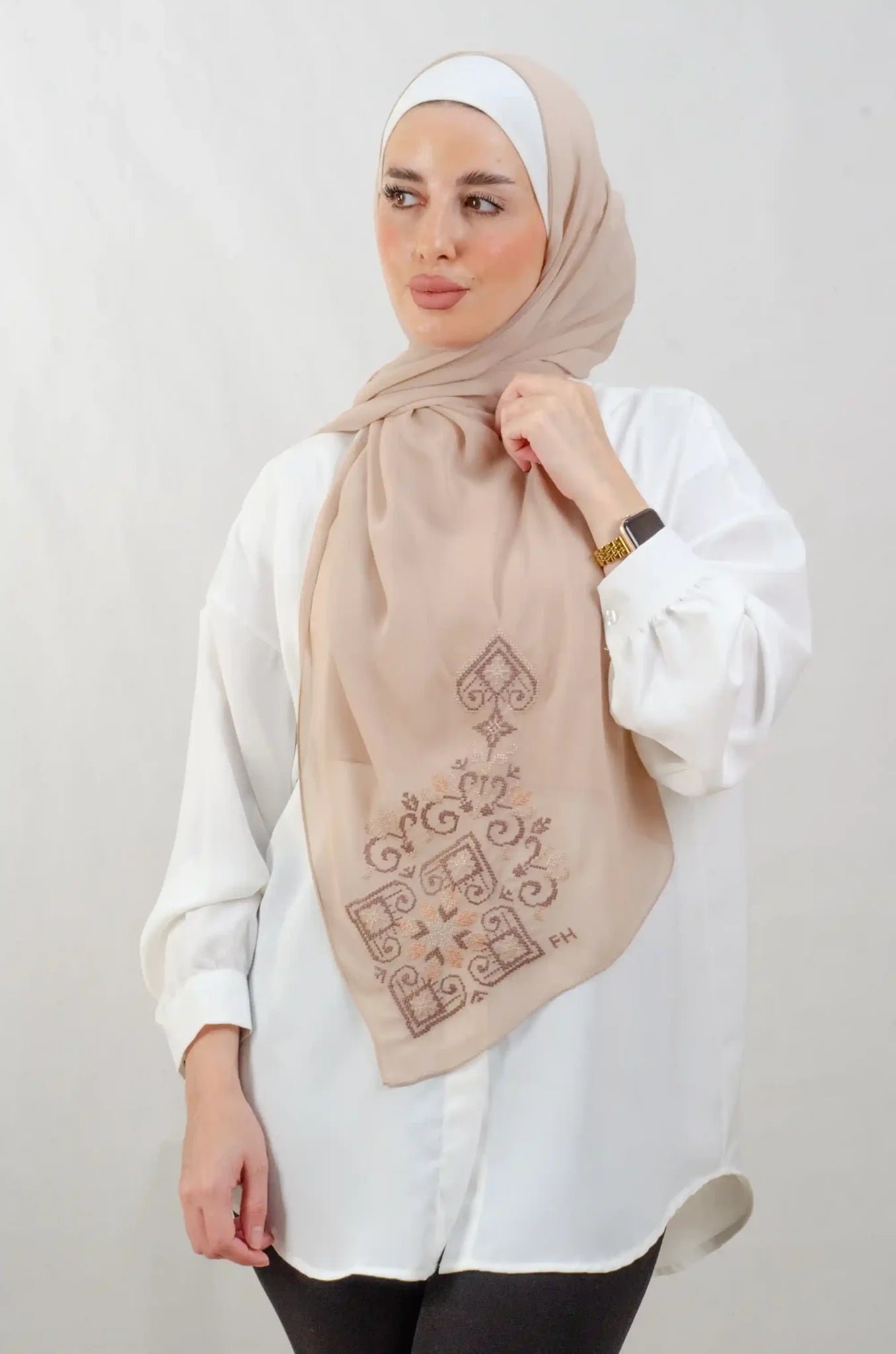 Tatreez Embroidered Hijab | Hebron - Dark Beige