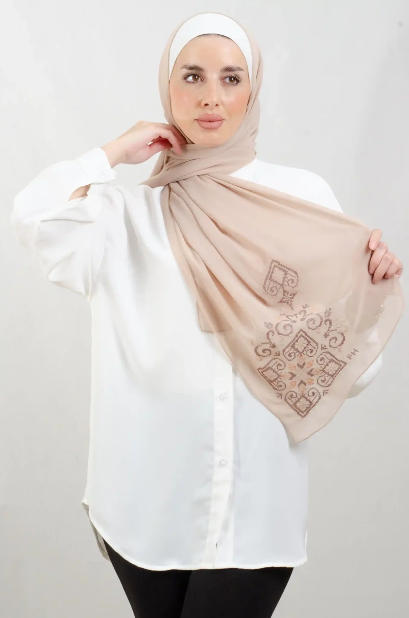Tatreez Embroidered Hijab | Hebron - Dark Beige