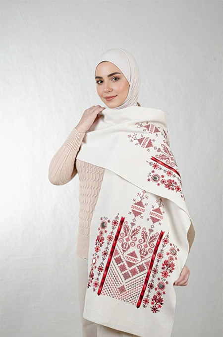 Tatreez Embroidered Shawl | Nabati Ivory - Red Mix