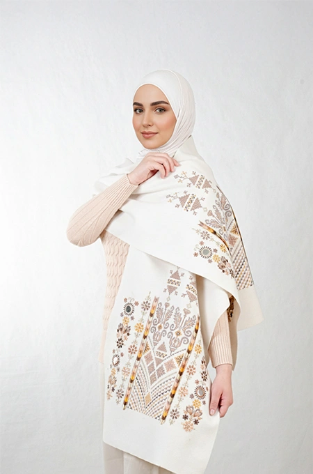 Tatreez Embroidered Shawl | Nabati Ivory - Brown Mix