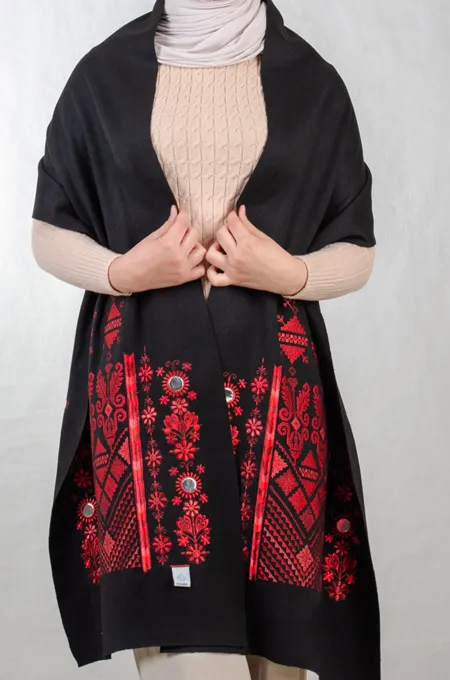 Tatreez Embroidered Shawl | Nabati Black - Red Mix