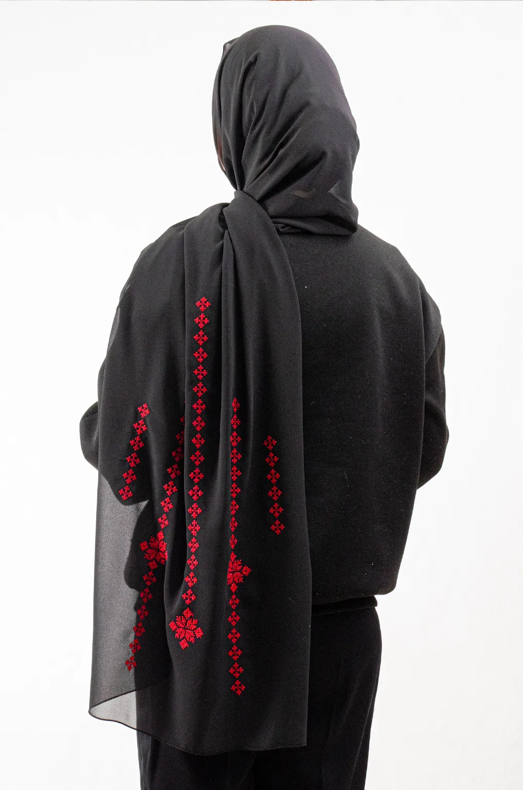 Tatreez Embroidered Hijab | Taif - Black - Red Mix