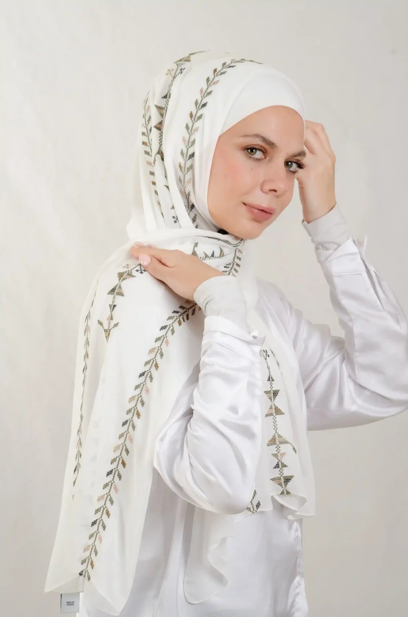 Tatreez Embroidered Hijab | Cypress Vine - Olive