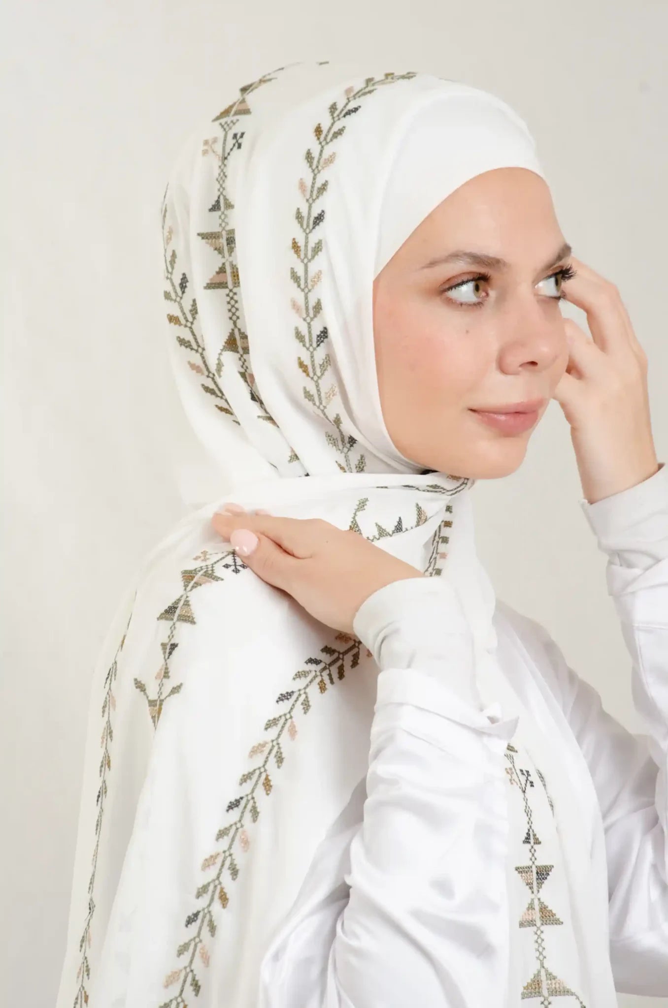 Tatreez Embroidered Hijab | Cypress Vine - Olive
