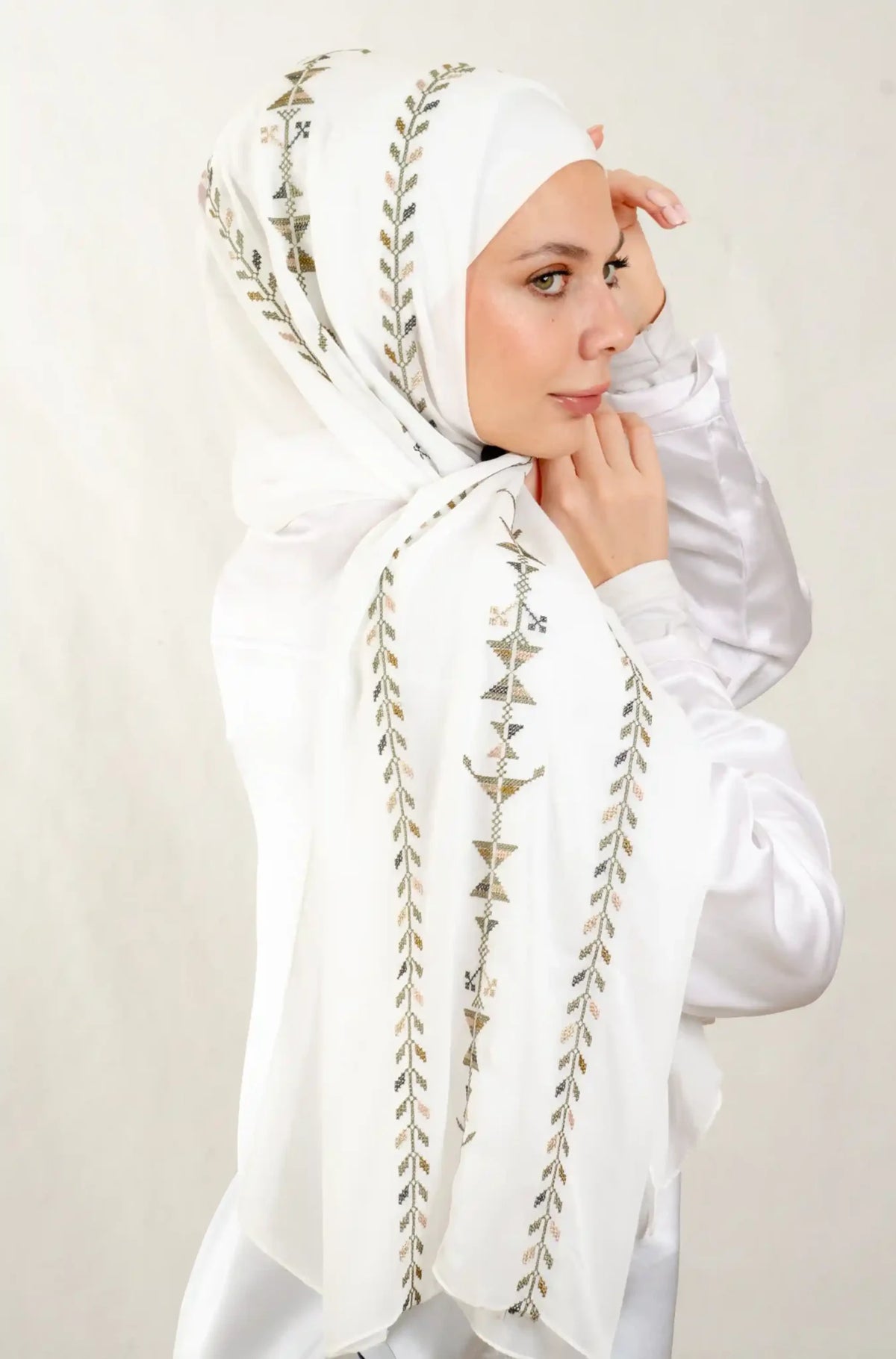 Tatreez Embroidered Hijab | Cypress Vine - Olive