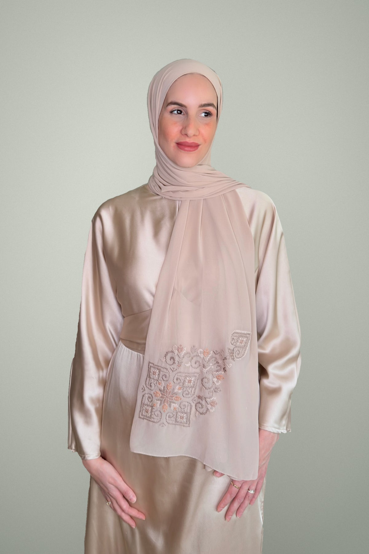 Tatreez Embroidered Hijab Hebron - Dark Beige