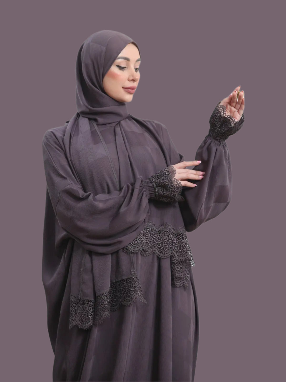 One - Piece Prayer Dress & Abaya with attached Hijab - Plaid Patterned Crepe - Modest Essence
