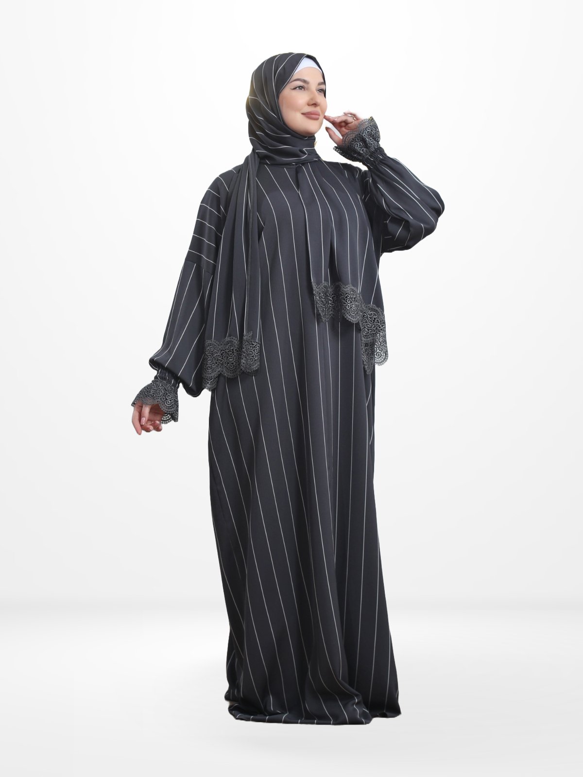 One-Piece Prayer Dress & Abaya with attached Hijab - Striped Crepe