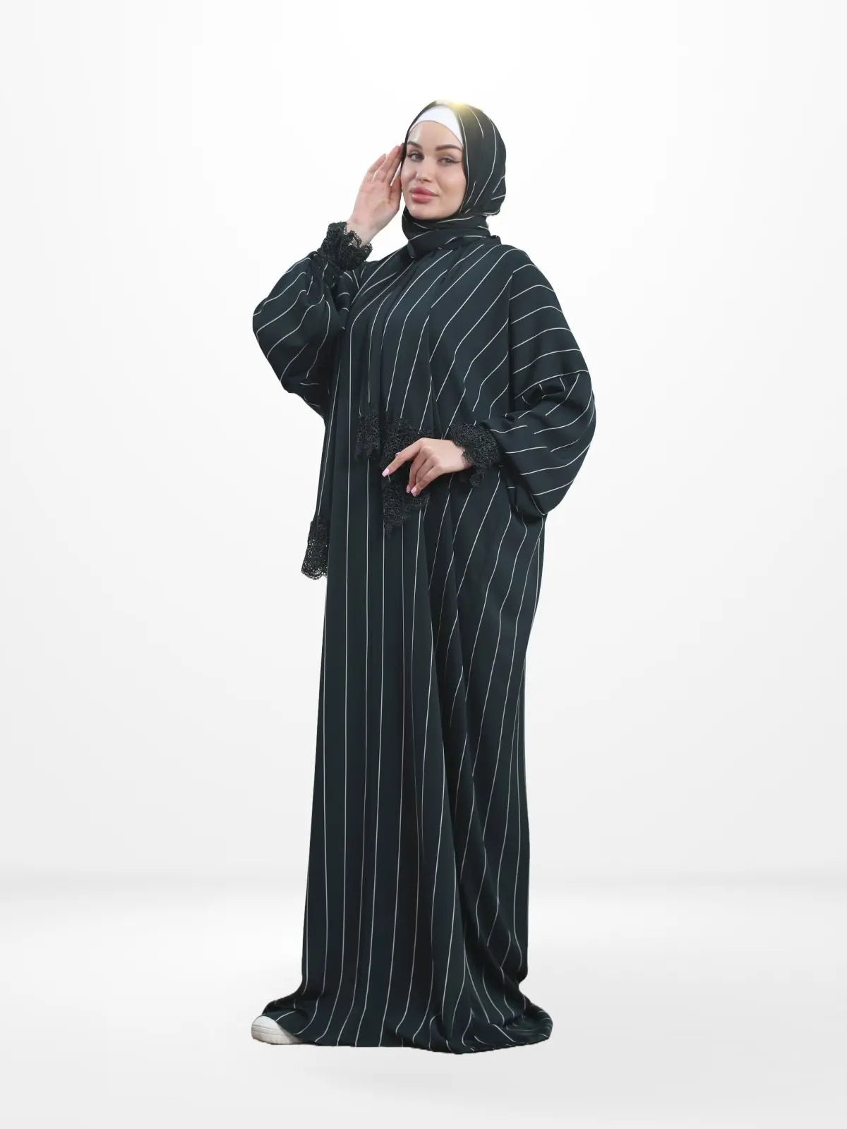 One - Piece Prayer Dress & Abaya with attached Hijab - Striped Crepe - Modest Essence