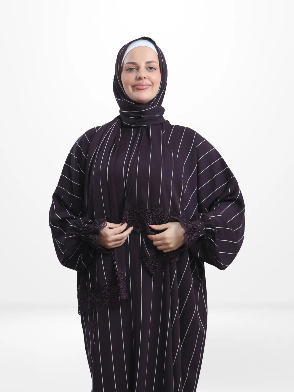 One-Piece Prayer Dress & Abaya with attached Hijab - Striped Crepe