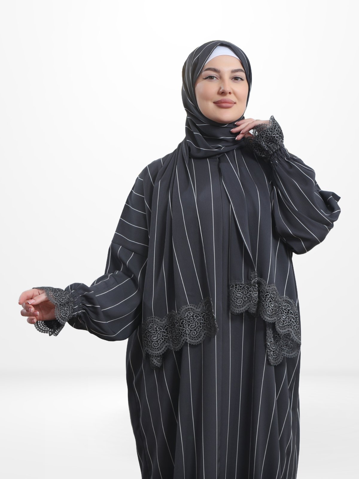 One-Piece Prayer Dress & Abaya with attached Hijab - Striped Crepe