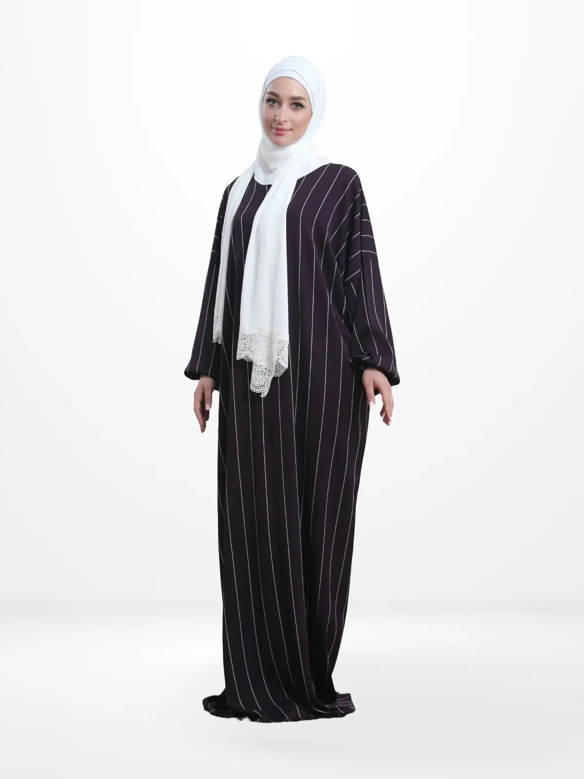 One - Piece Prayer Dress & Abaya with attached Hijab - Striped Crepe With White Scarf - Modest Essence