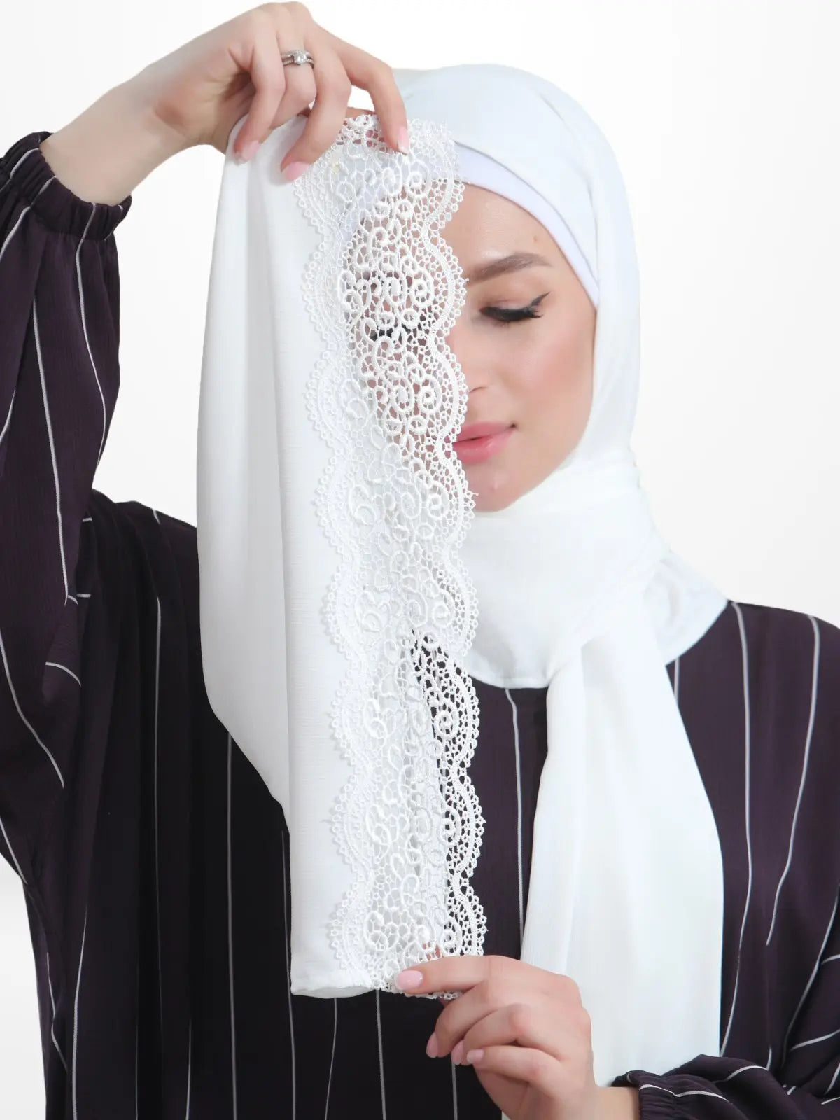 One - Piece Prayer Dress & Abaya with attached Hijab - Striped Crepe With White Scarf - Modest Essence