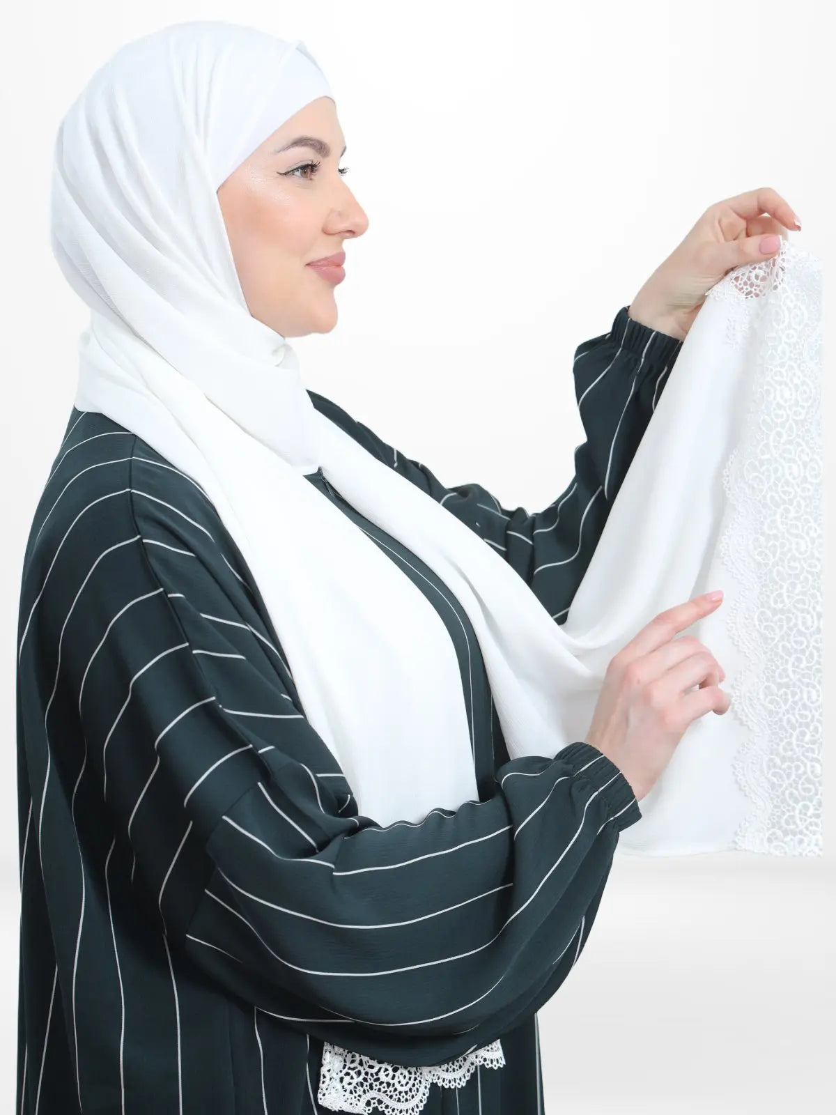 One - Piece Prayer Dress & Abaya with attached Hijab - Striped Crepe With White Scarf - Modest Essence