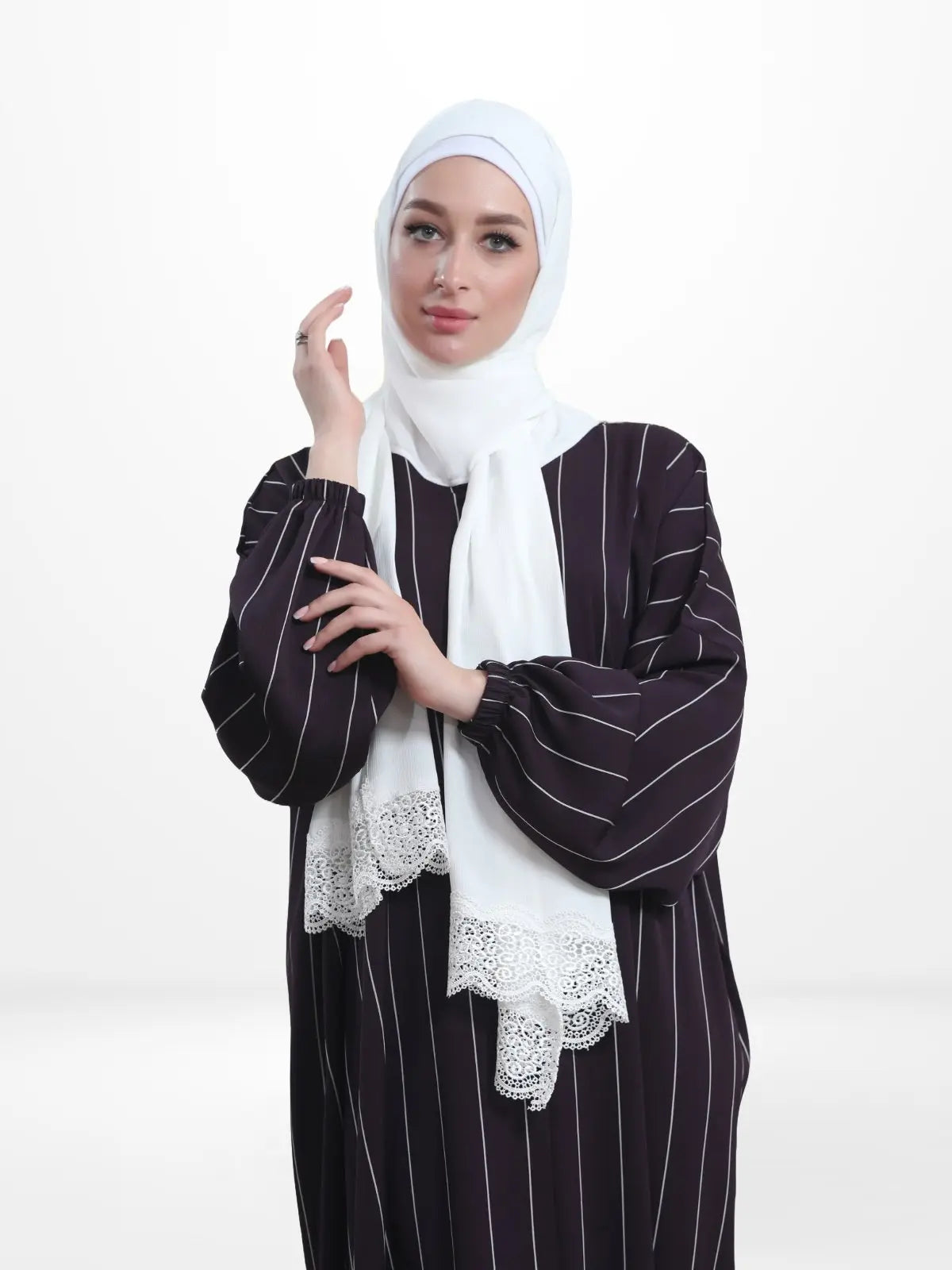 One-Piece Prayer Dress & Abaya with attached Hijab - Striped Crepe With White Scarf