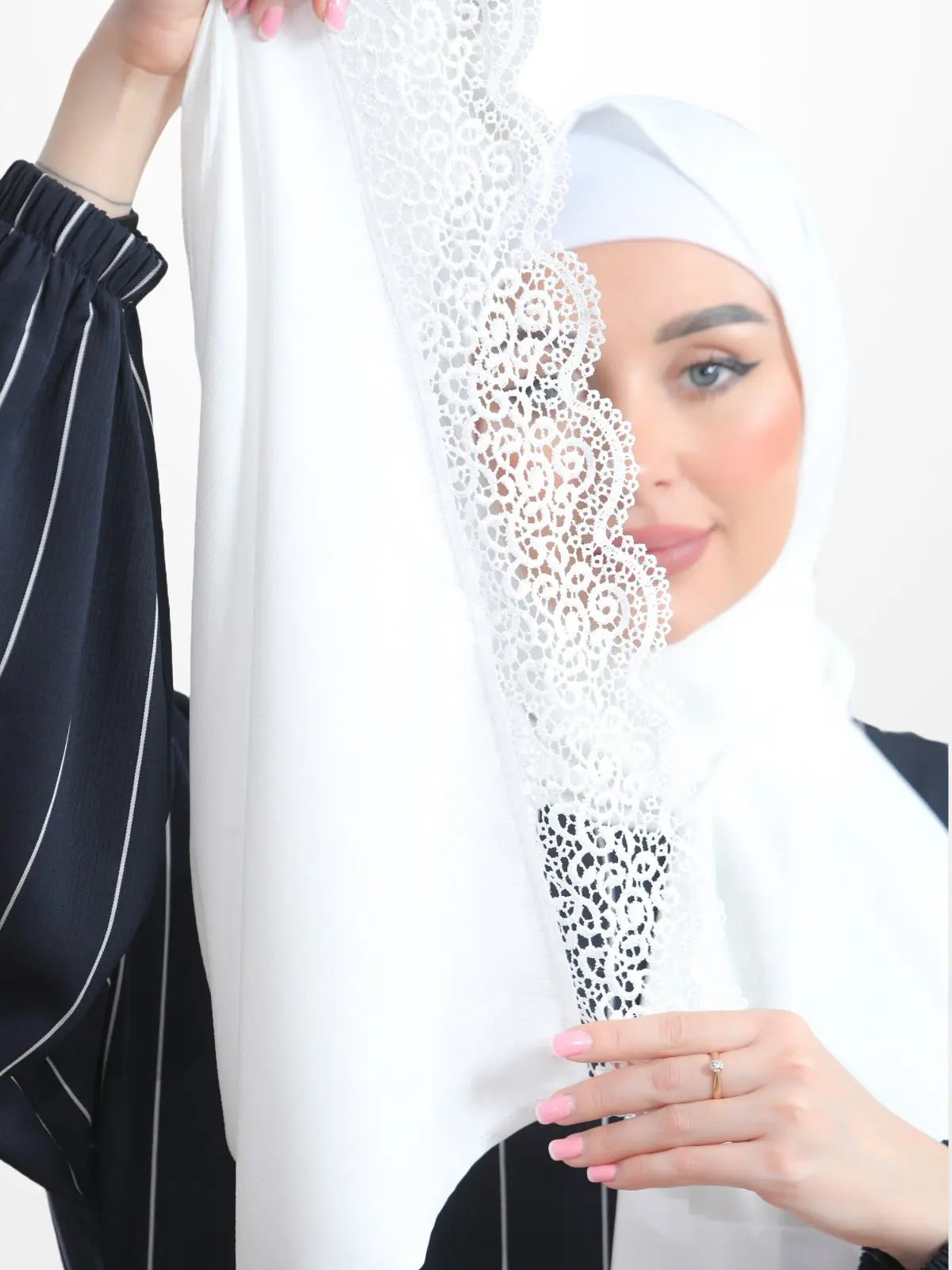 One - Piece Prayer Dress & Abaya with attached Hijab - Striped Crepe With White Scarf - Modest Essence