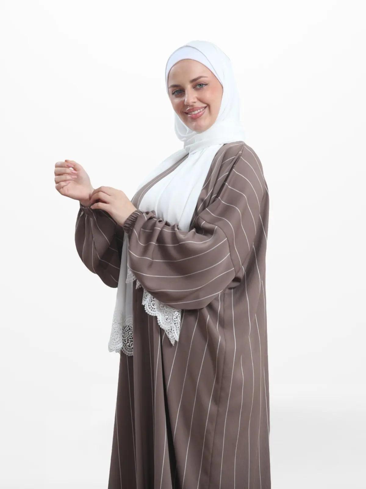 One - Piece Prayer Dress & Abaya with attached Hijab - Striped Crepe With White Scarf - Modest Essence