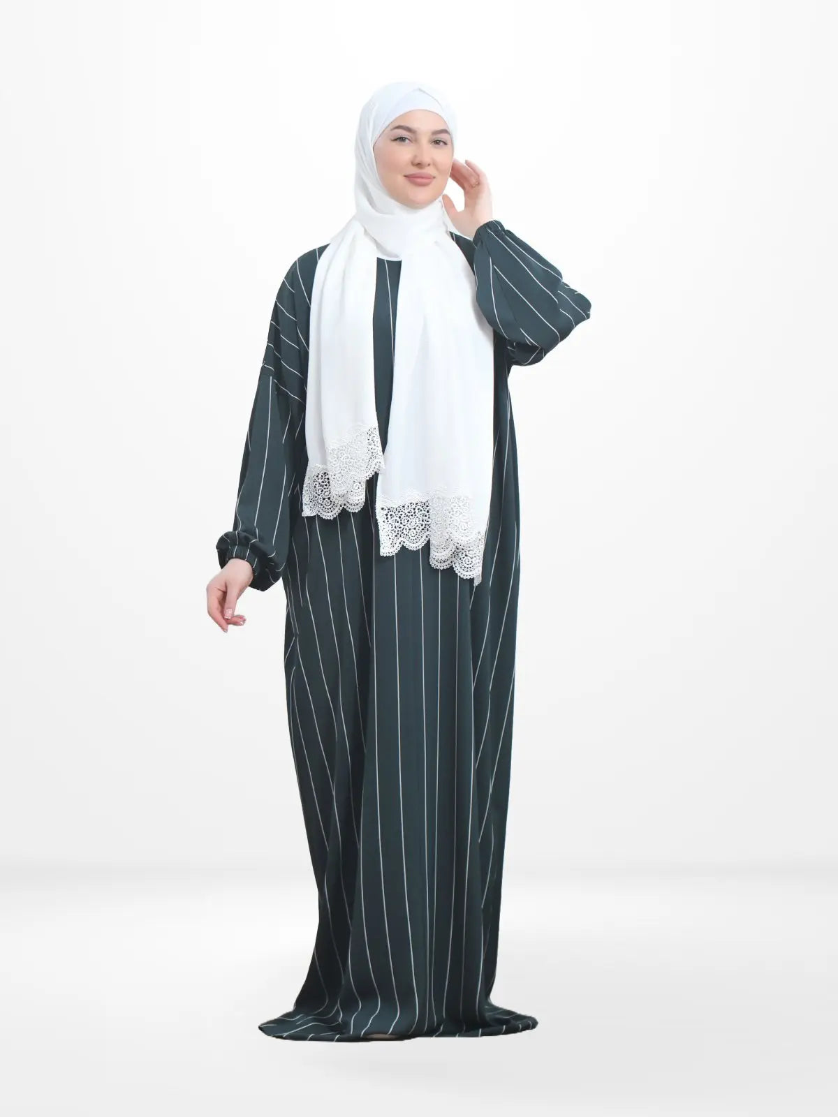 One - Piece Prayer Dress & Abaya with attached Hijab - Striped Crepe With White Scarf - Modest Essence