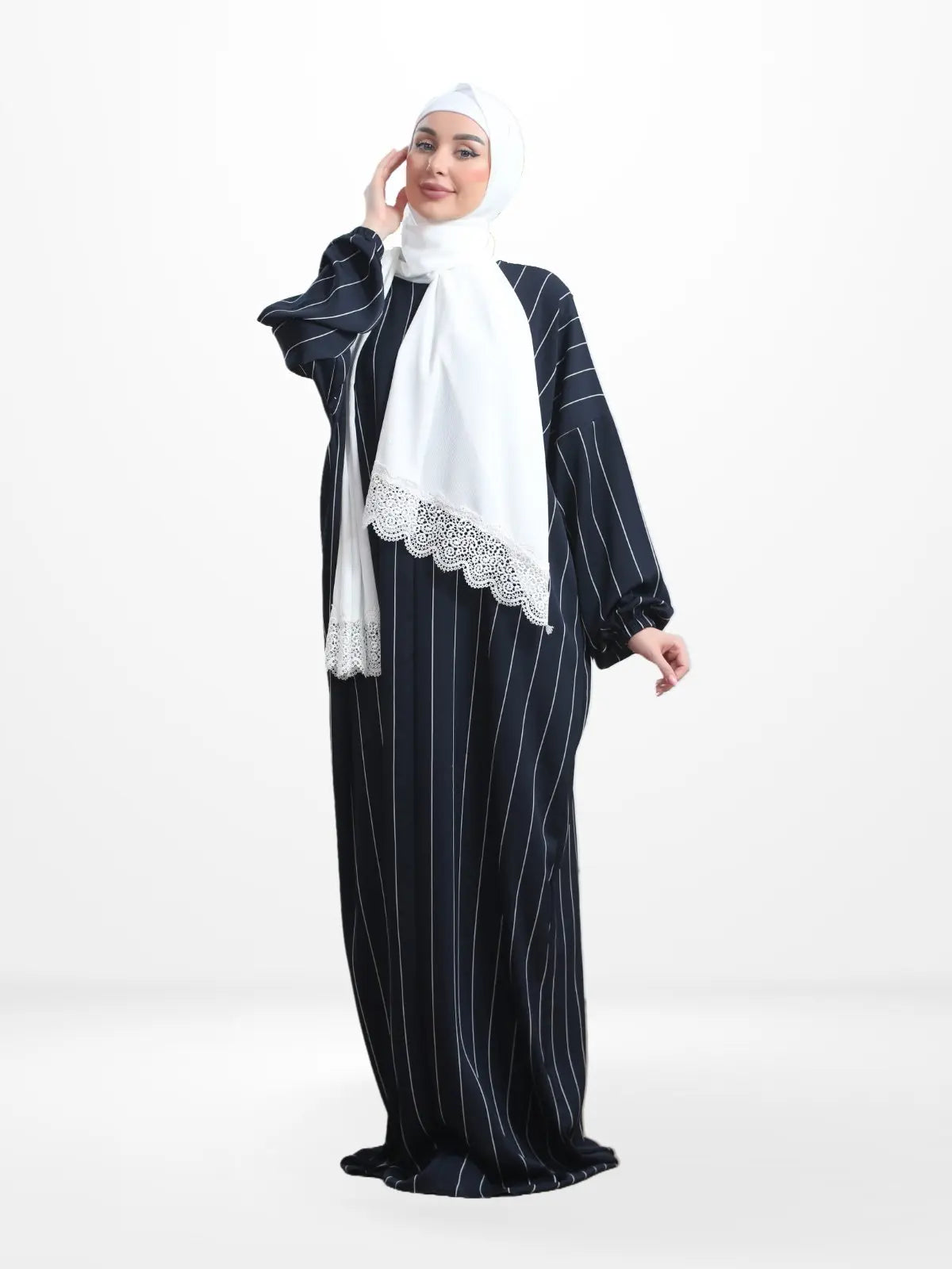 One - Piece Prayer Dress & Abaya with attached Hijab - Striped Crepe With White Scarf - Modest Essence