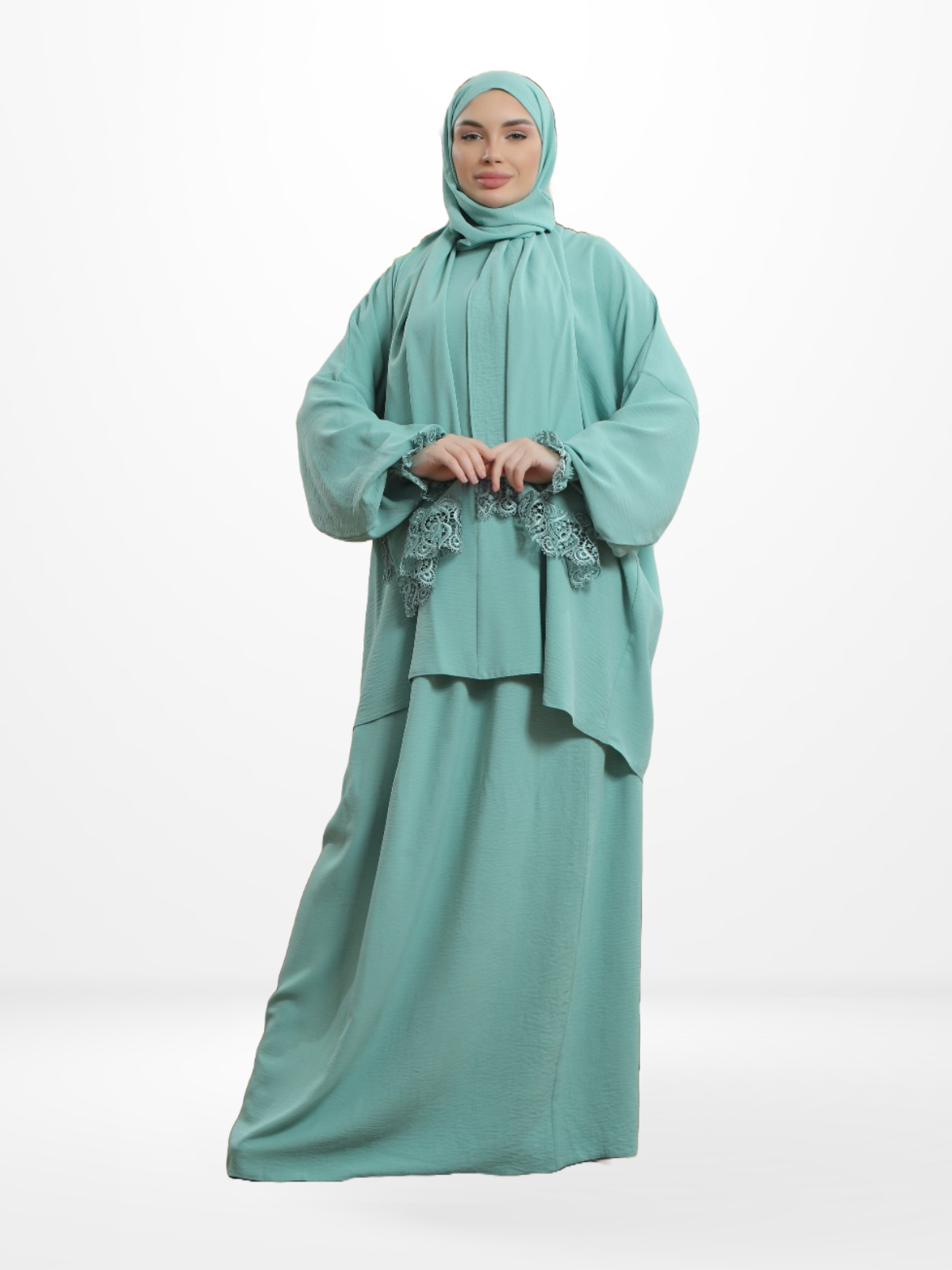 Two-Piece Prayer Set Dress & Abaya with attached Hijab - Plain Fabric