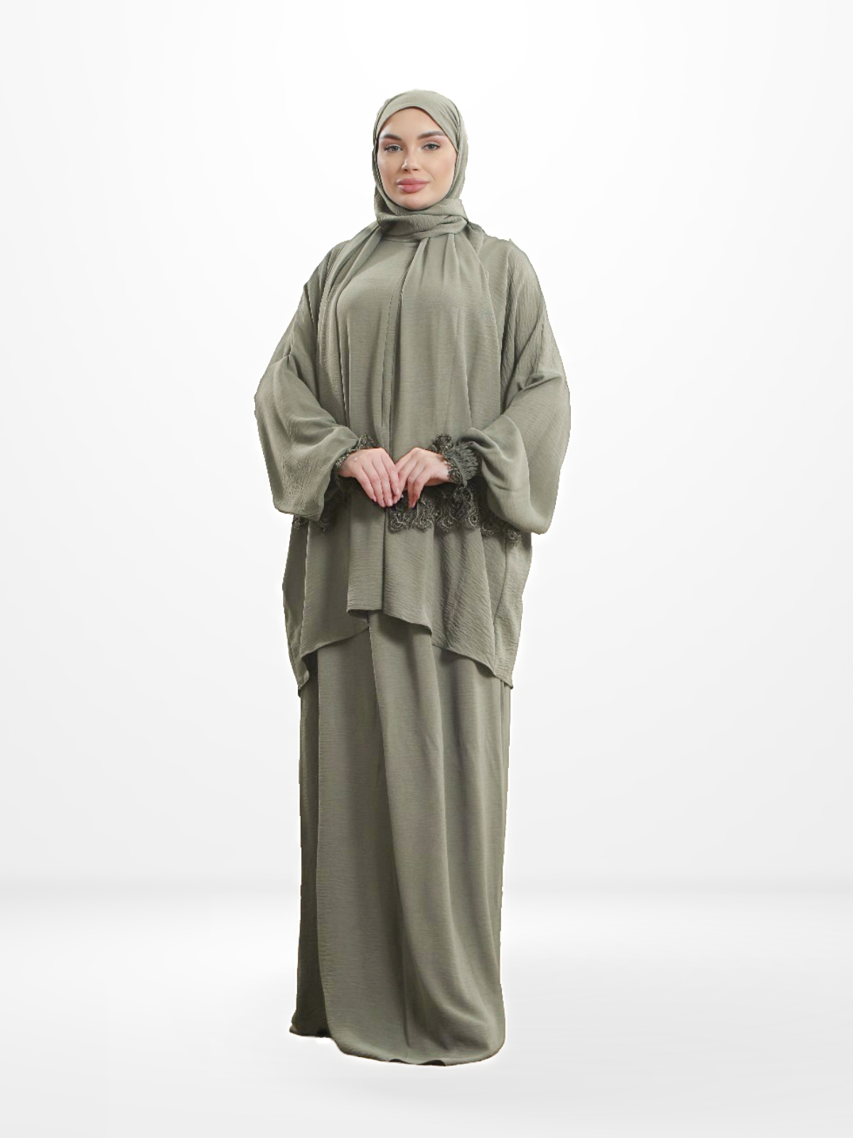 Two-Piece Prayer Set Dress & Abaya with attached Hijab - Plain Fabric