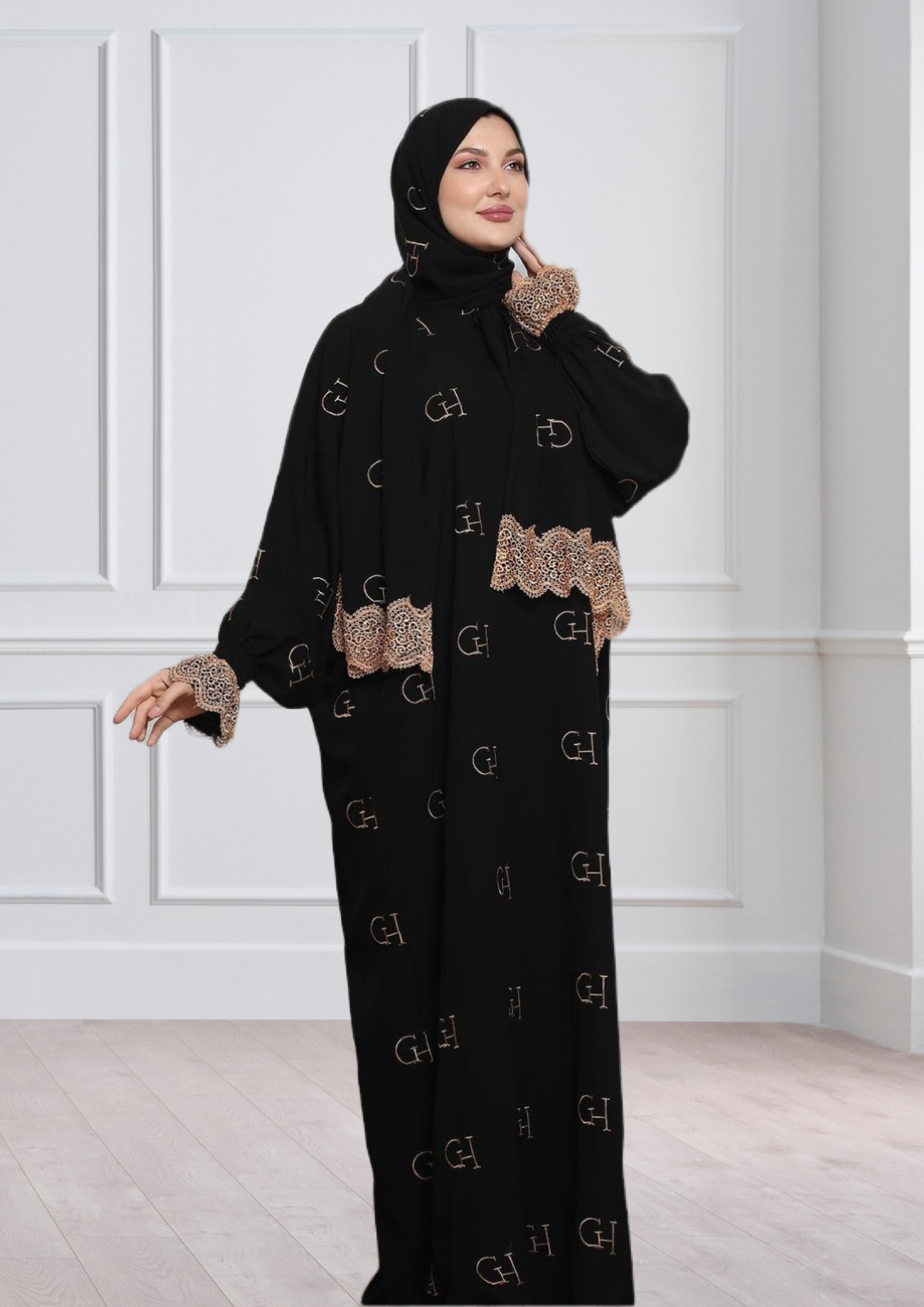One-Piece Prayer Dress & Abaya with attached Hijab - Crepe with GH Embroidery
