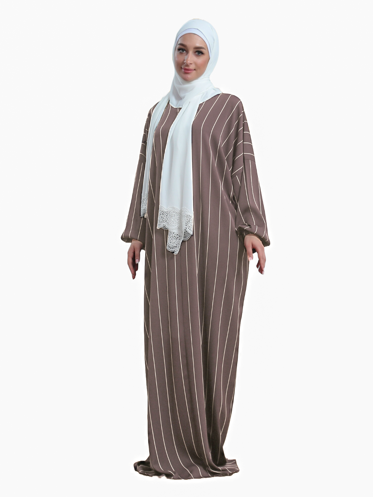 One-Piece Prayer Set Dress & Abaya with attached Hijab - Striped Crepe With White Scarf