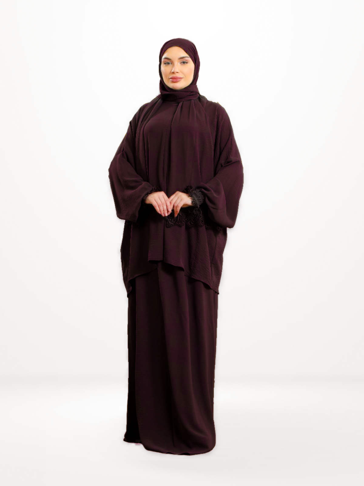 Two-Piece Prayer Set Dress & Abaya with attached Hijab - Plain Fabric