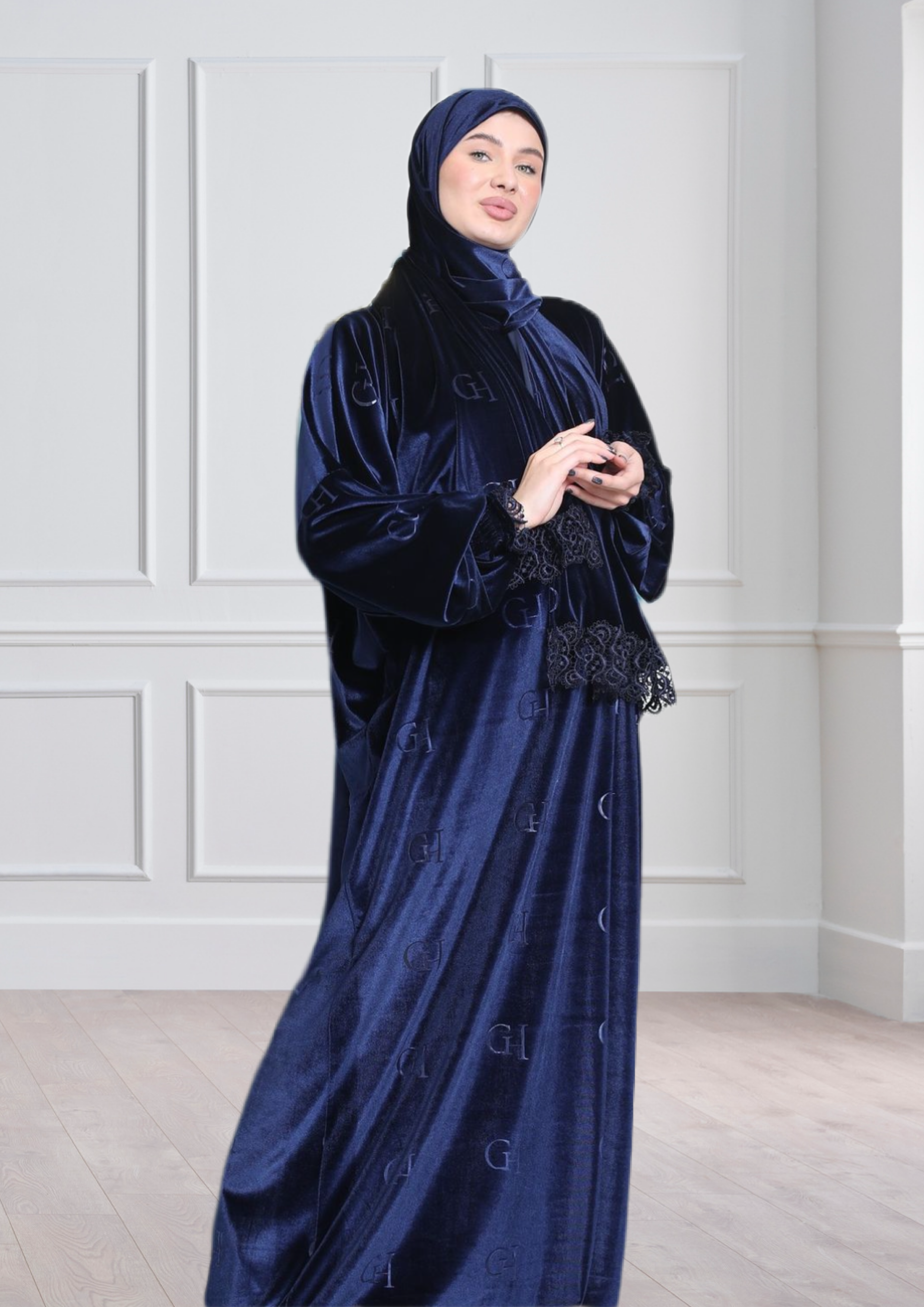 One-Piece Prayer Dress & Abaya with attached Hijab - Velvet with GH Print