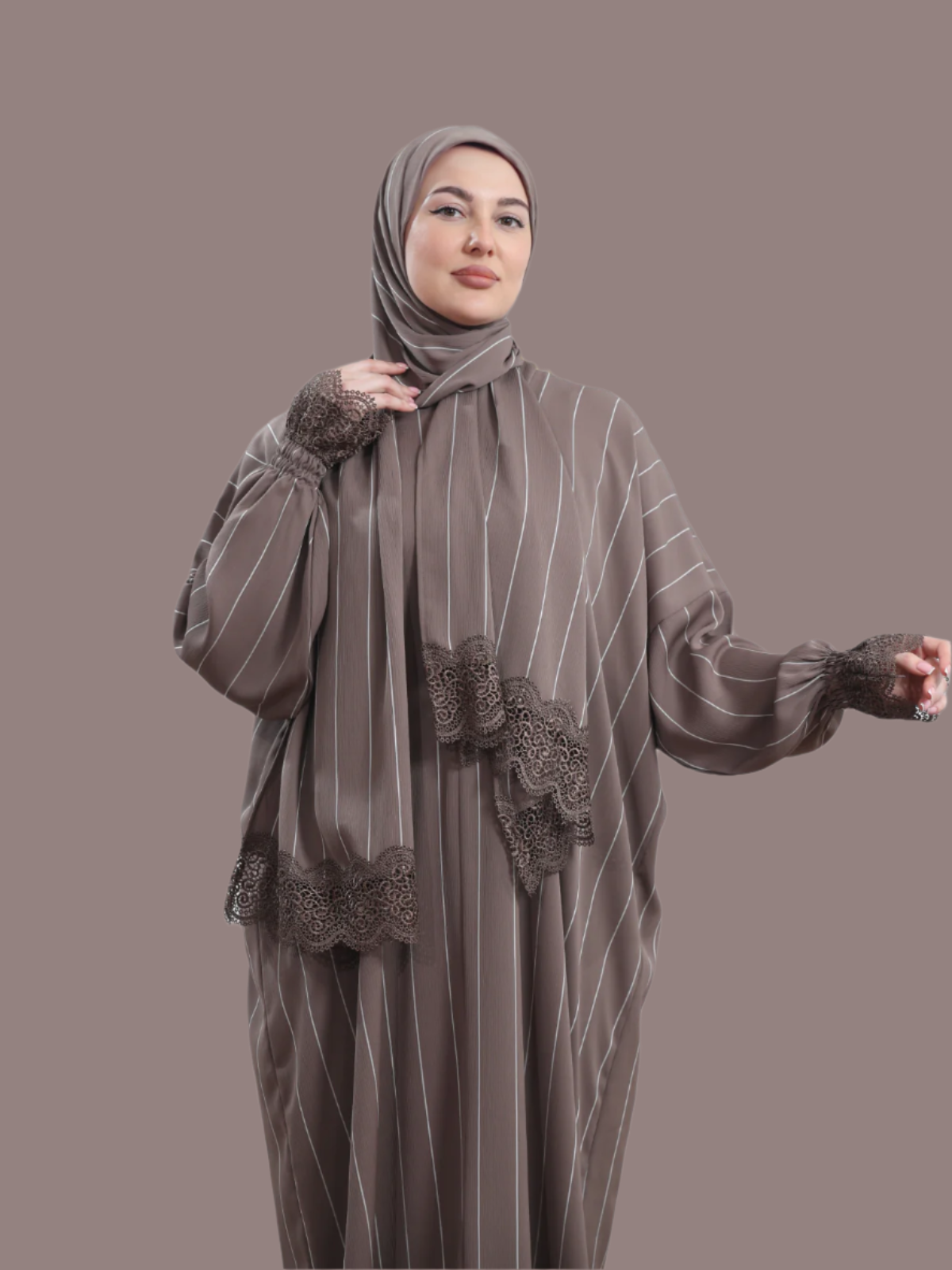 One-Piece Prayer Dress & Abaya with attached Hijab - Striped Crepe