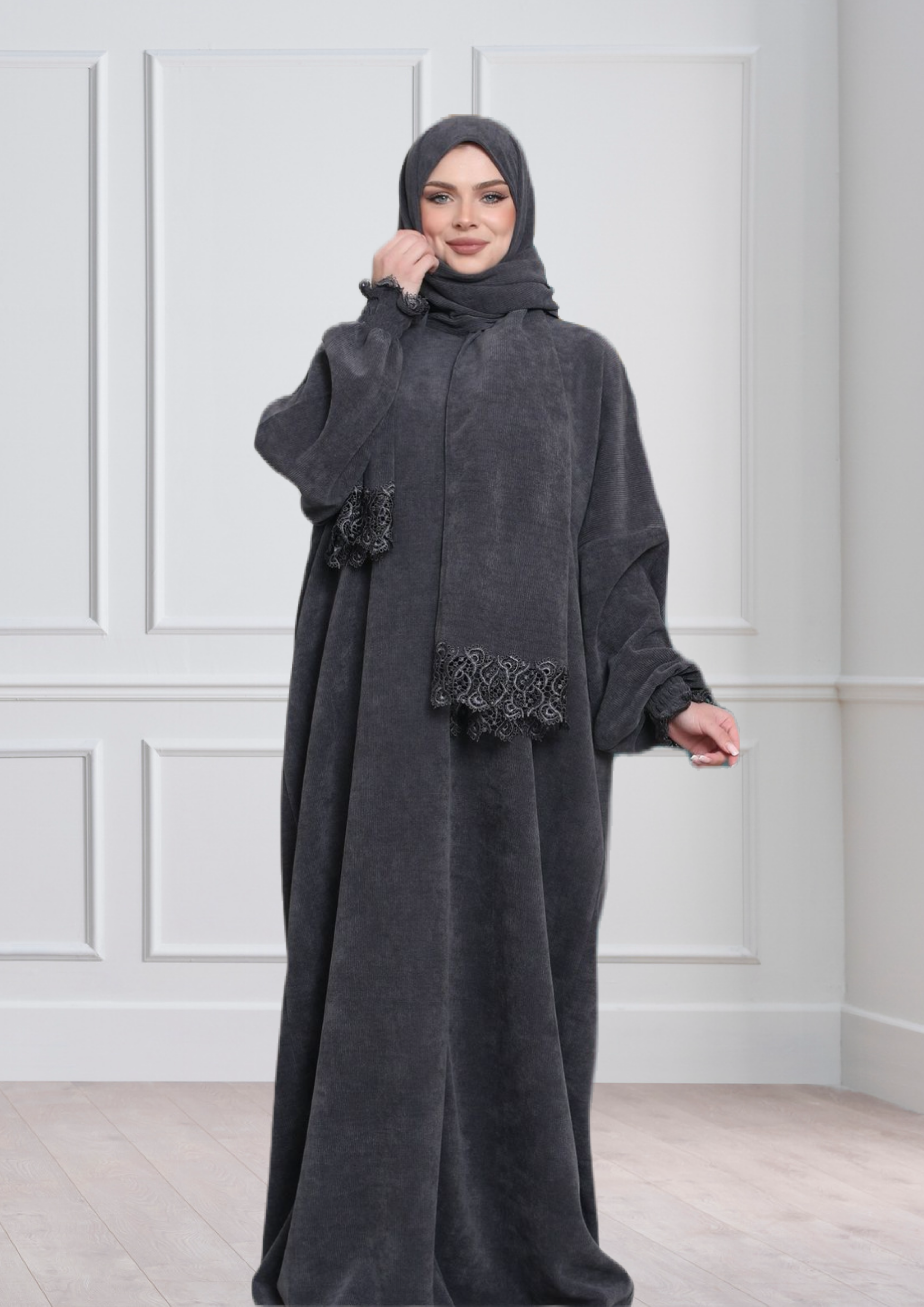 One-Piece Prayer Dress & Abaya with attached Hijab - Striped Wool