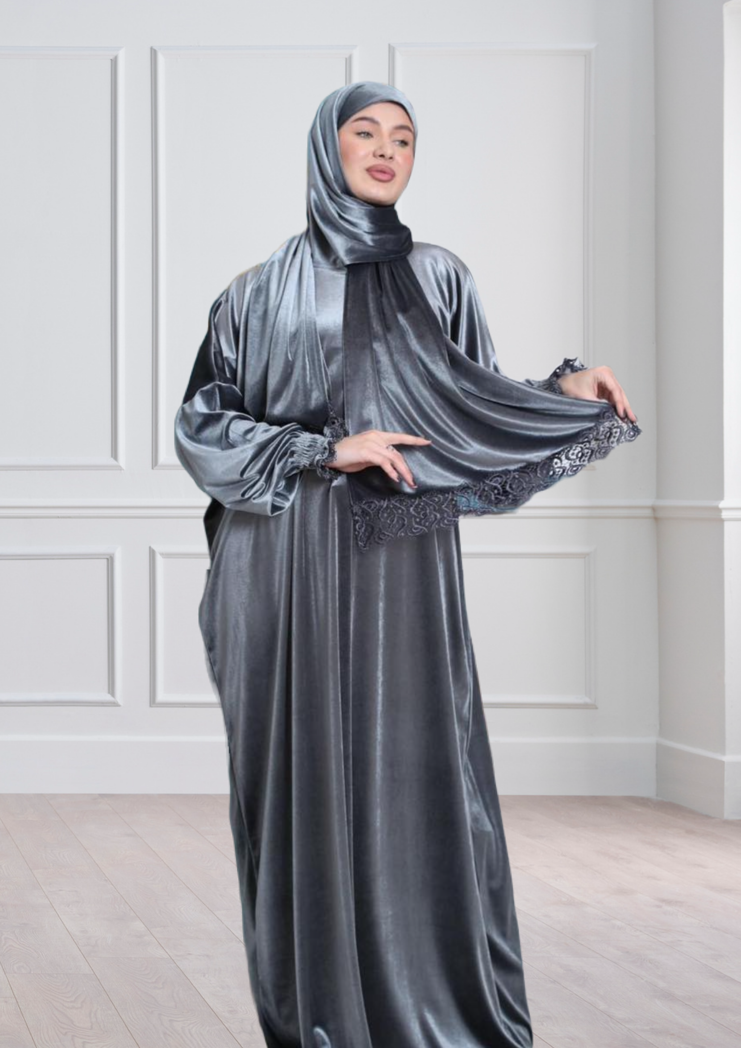 One-Piece Prayer Dress & Abaya with attached Hijab - Dotted Velvet
