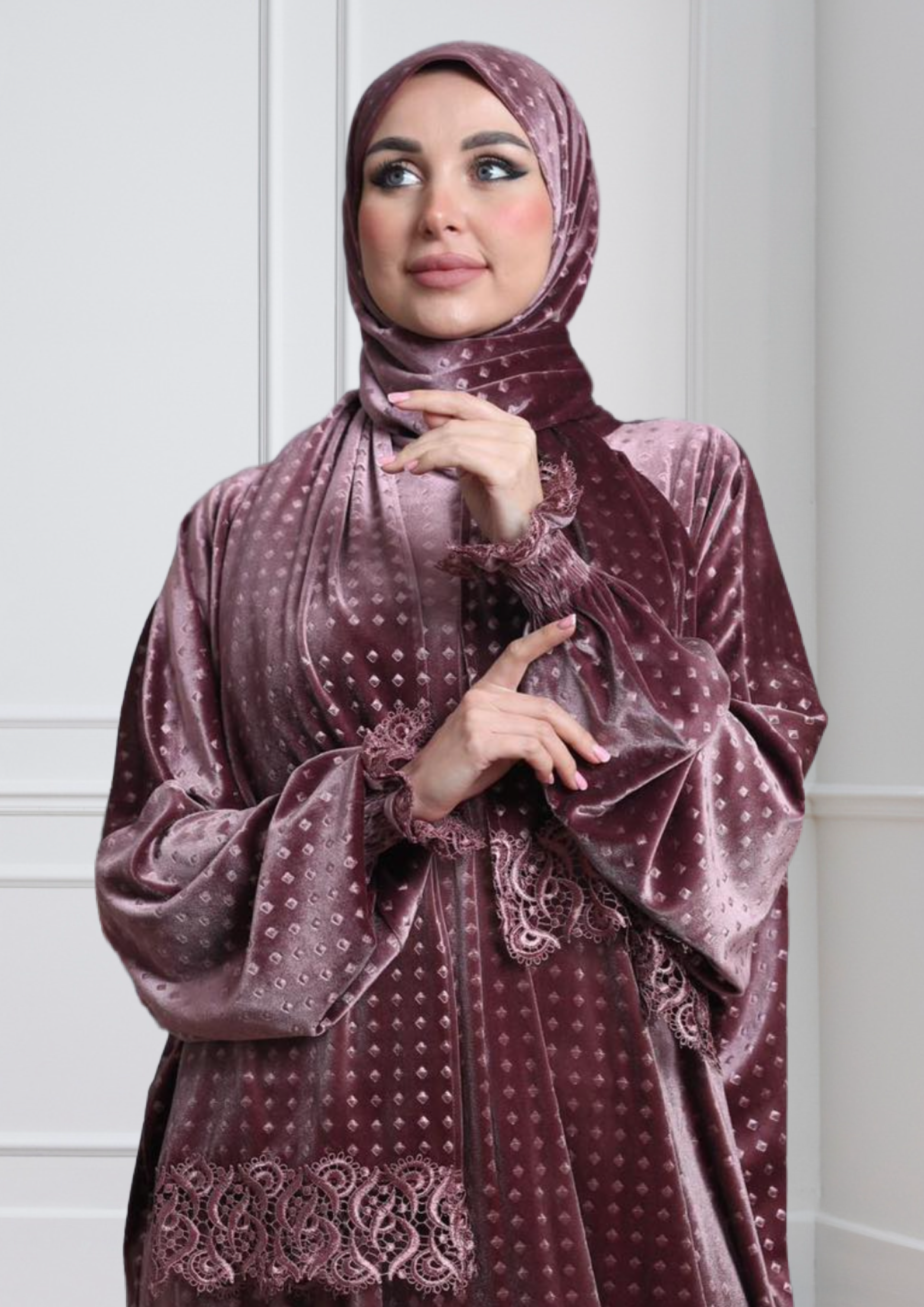 One-Piece Prayer Dress & Abaya with attached Hijab - Dotted Velvet